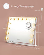 Make-up spegel med LED-belysning, beröringskontroll, 15 LED-lampor, med laddningsportar, 10x förstoringsspegel, 3 lätta färger, dimbar, mobiltelefonhållare, Matt White LWM001W02