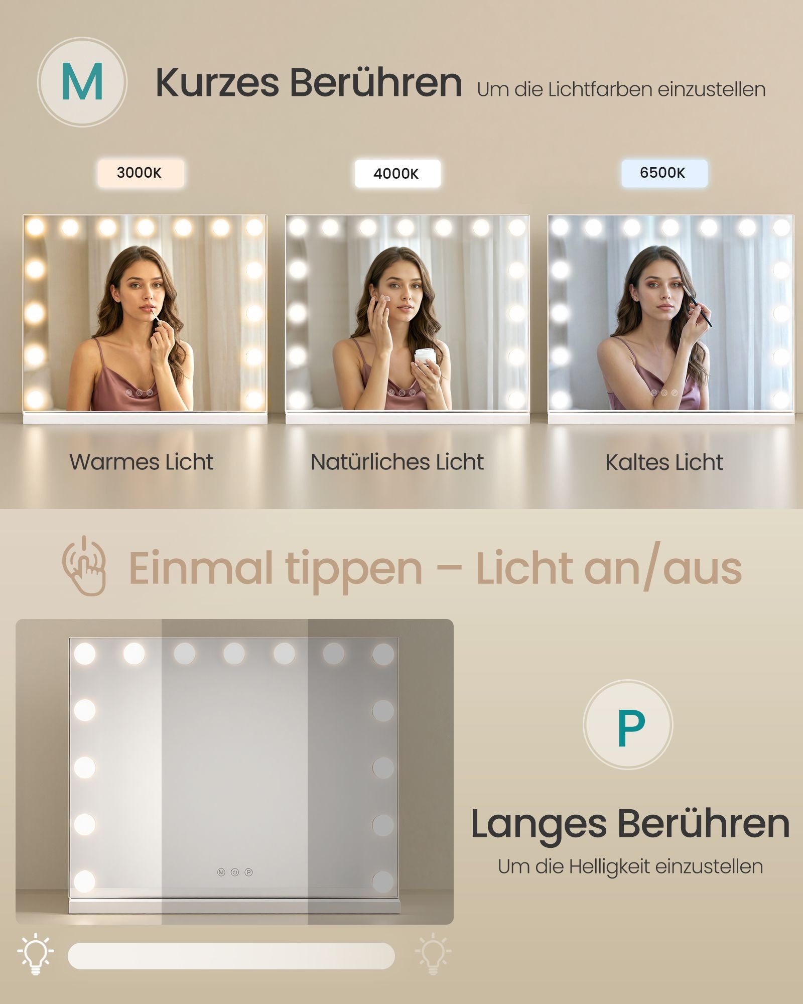 Make-upspiegel - Hollywood met Dimbare LED's - 10x Vergroting - Matwit - 48 x 58 x 5,7 cm