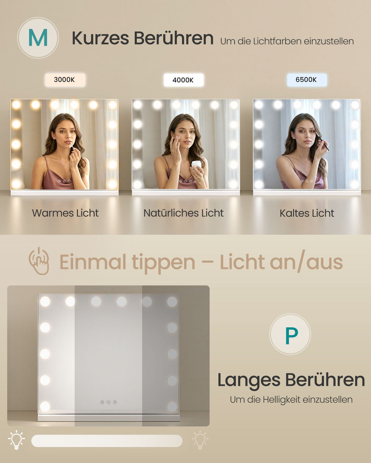 Make-upspiegel - Hollywood met Dimbare LED's - 10x Vergroting - Matwit - 44 x 50 x 5,7 cm