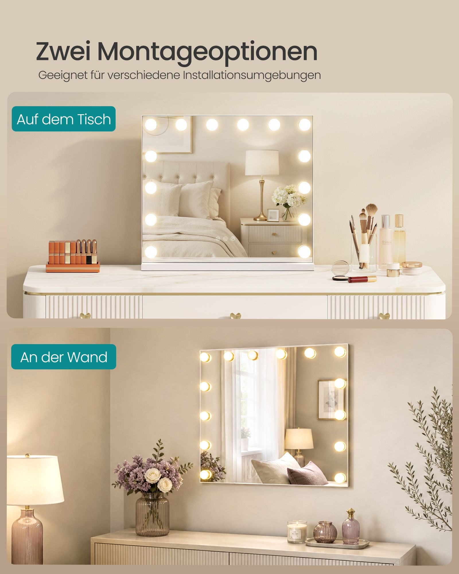 Make-upspiegel - Hollywood met Dimbare LED's - 10x Vergroting - Matwit - 44 x 50 x 5,7 cm