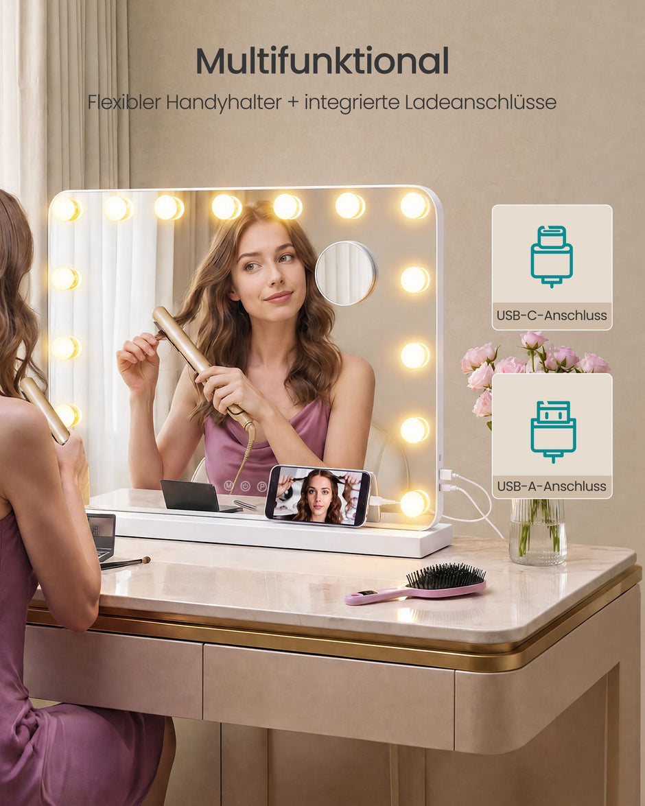 Make-upspiegel - Hollywood met Dimbare LED's - 10x Vergroting - Matwit - 48 x 58 x 5,7 cm