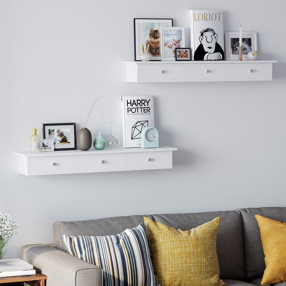 Väggskåp – Med 3 lådor – Flytande hylla – Vit