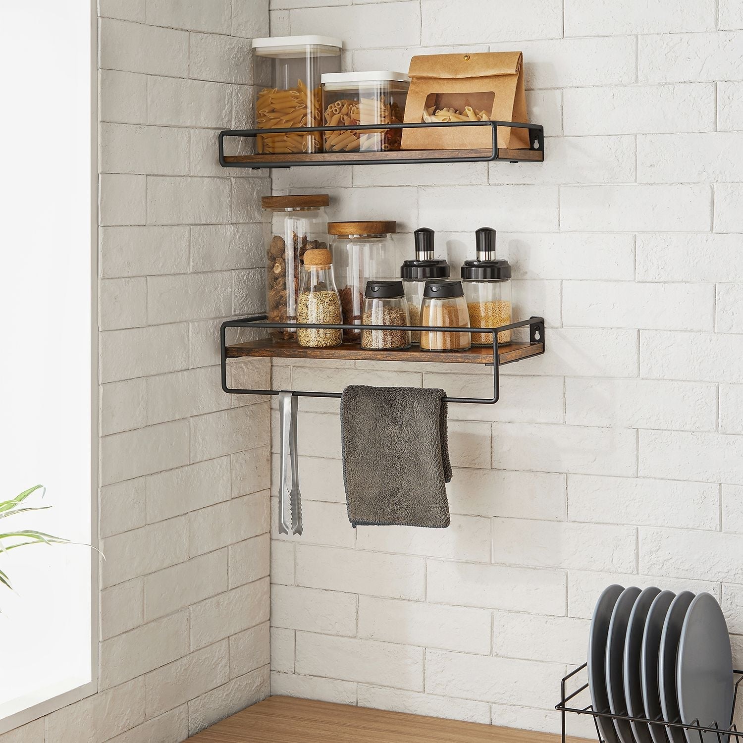 Vägghyllor - uppsättning av 2 - flytande - industriell design - brun / svart