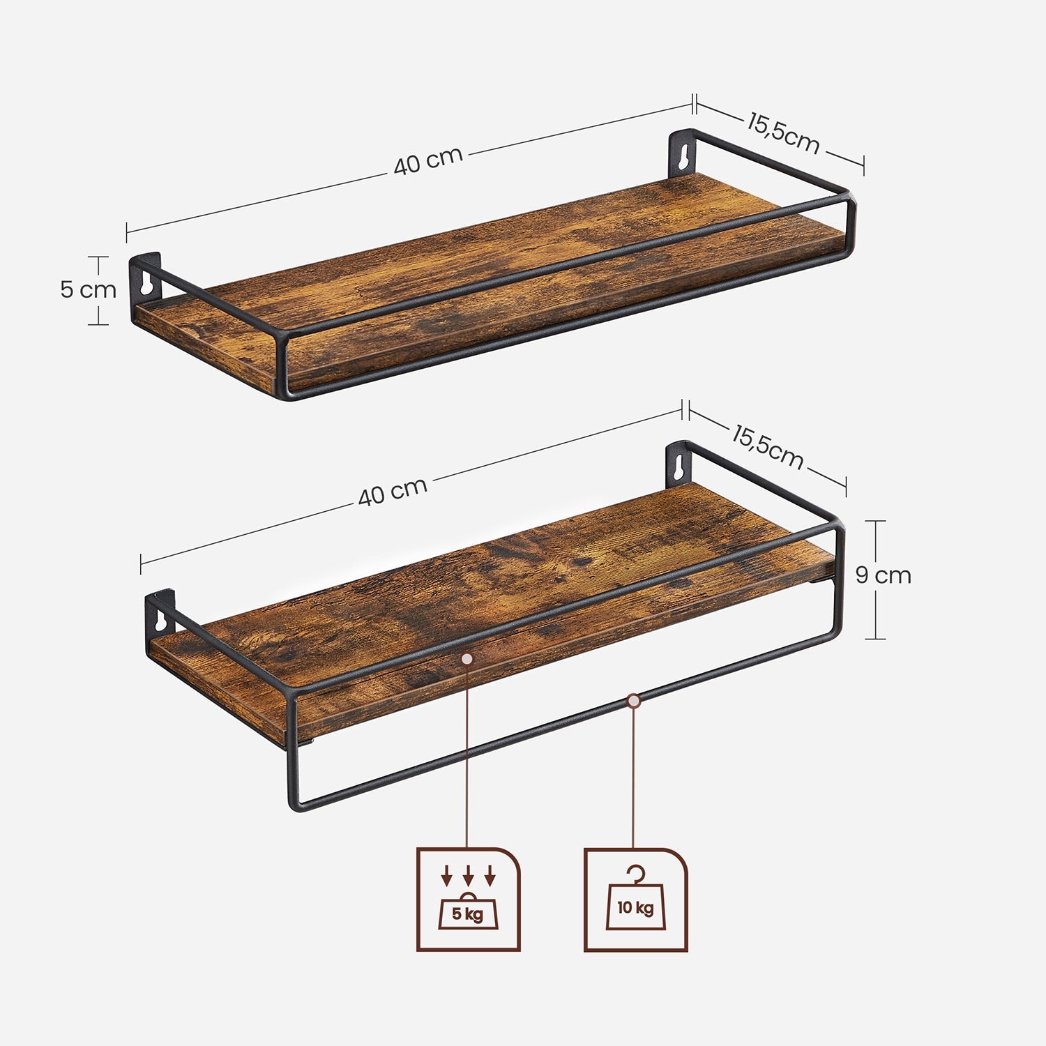 Vägghyllor - uppsättning av 2 - flytande - industriell design - brun / svart