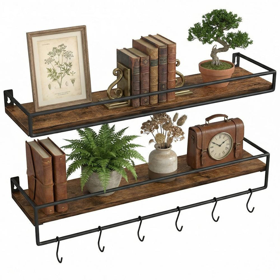 Wandplanken - Set van 2 - Met Stang - Zwevend - Bruin-zwart
