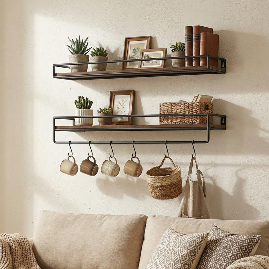 Wandplanken - Set van 2 - Met Stang - Zwevend - Bruin-zwart