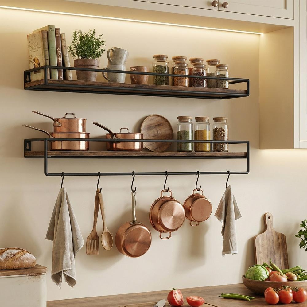 Wandplanken - Set van 2 - Met Stang - Zwevend - Bruin-zwart