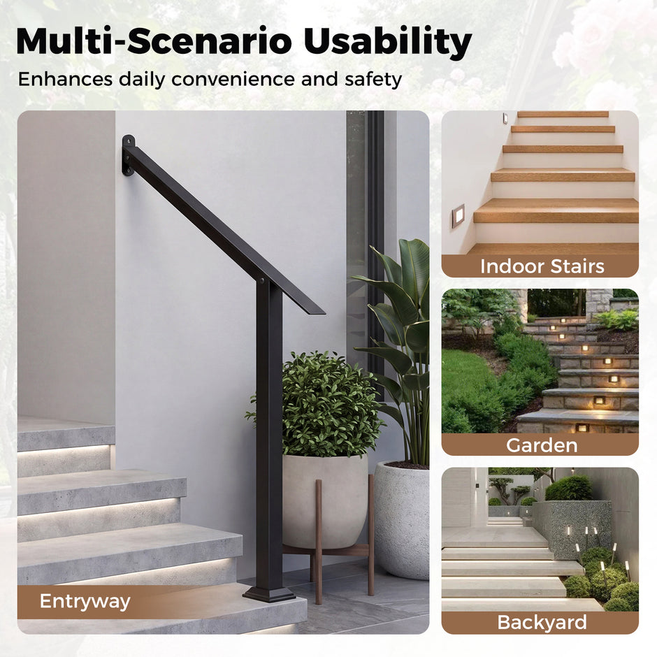 Metalltrappräcke, – vinkeljusterbart handräcke för tre trappsteg, stabilt trädgård