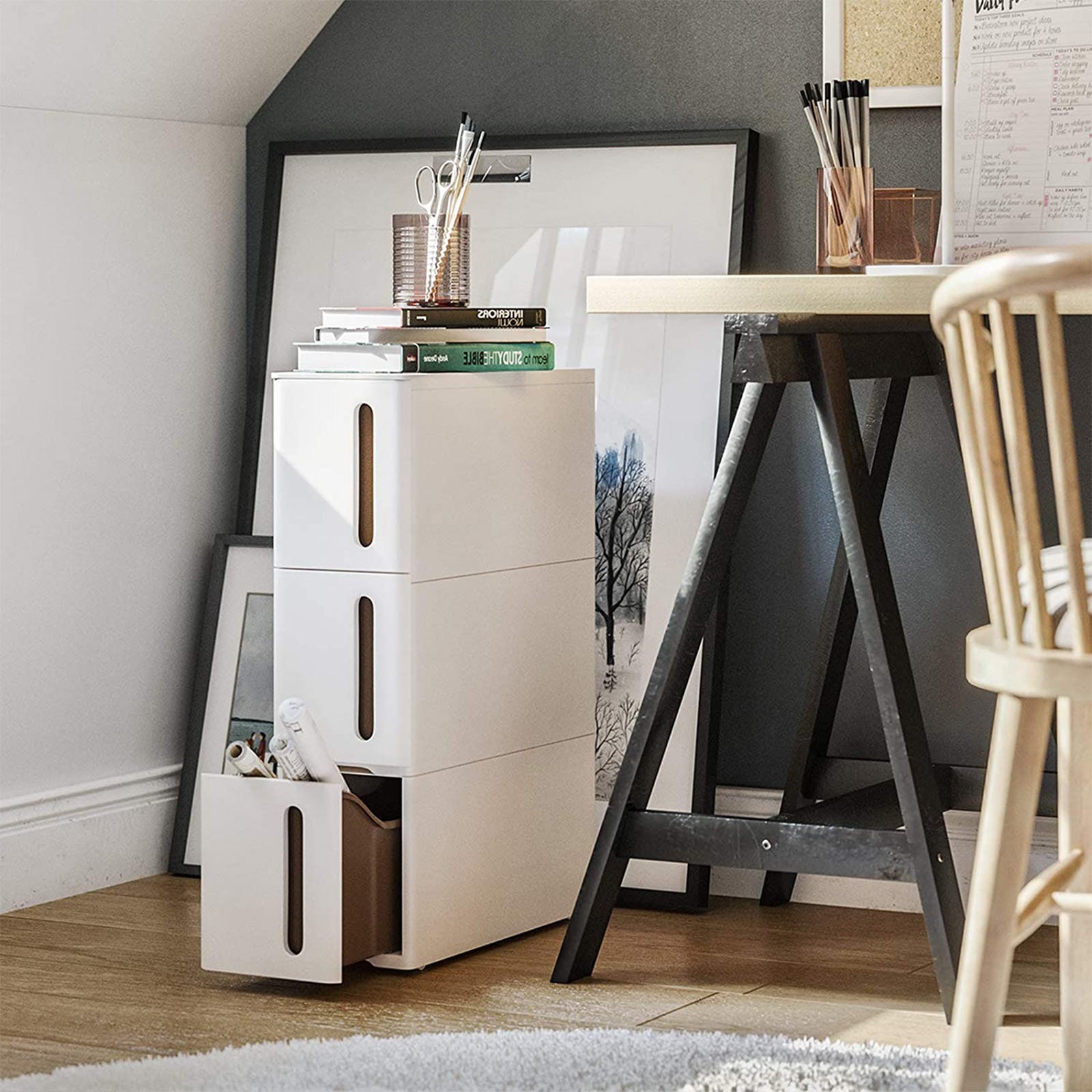 Badrumsställ - Scrabbage - Nisplank - med 3 lådor - Small - On Wheels - White