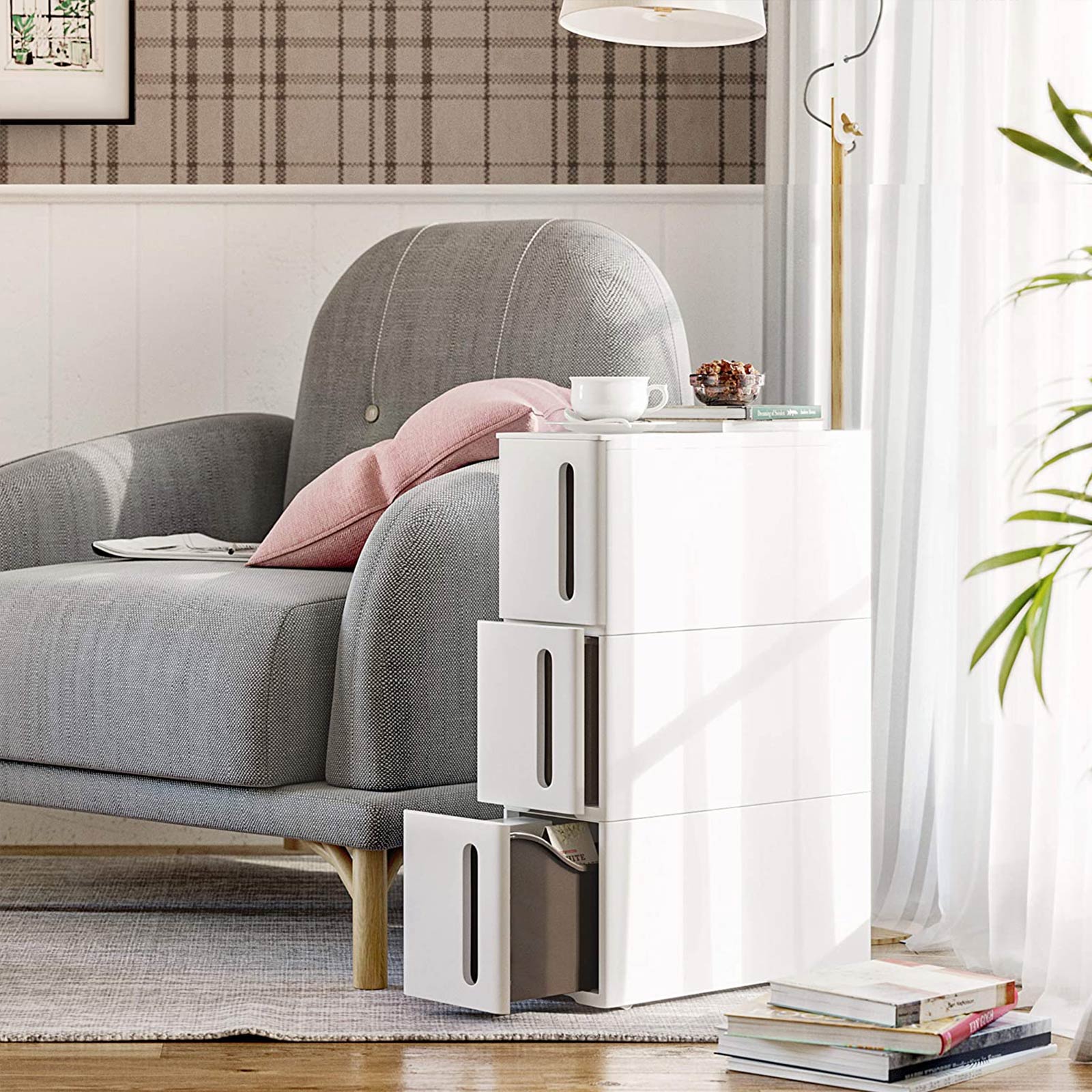 Badrumsställ - Scrabbage - Nisplank - med 3 lådor - Small - On Wheels - White