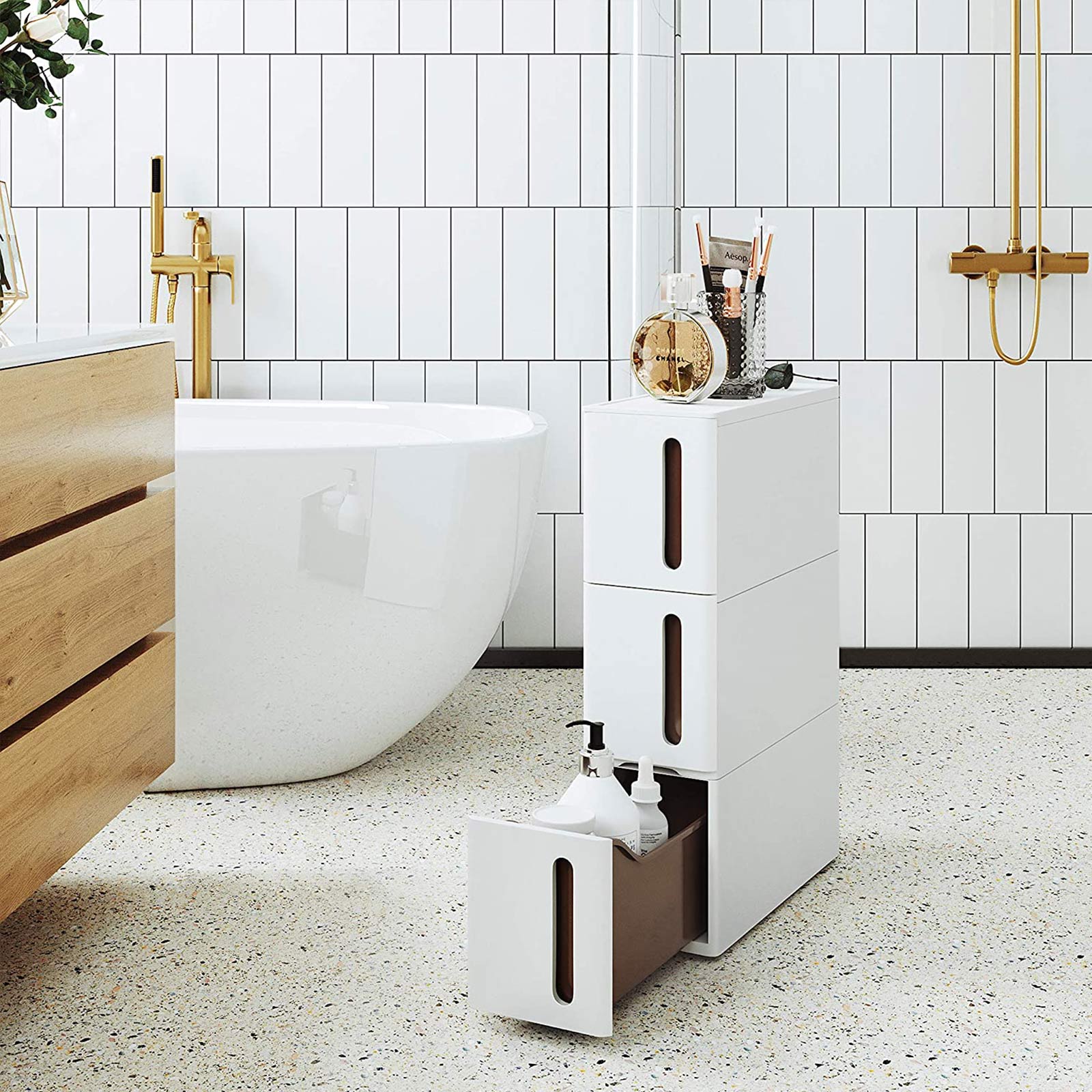 Badrumsställ - Scrabbage - Nisplank - med 3 lådor - Small - On Wheels - White