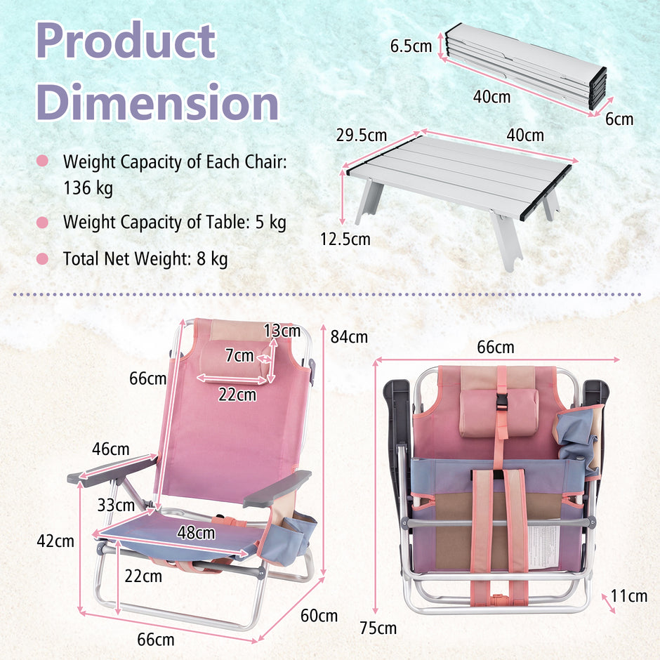 delat – strandstol och bord set utomhus liggstolar med rullbart – 3 – Rosa