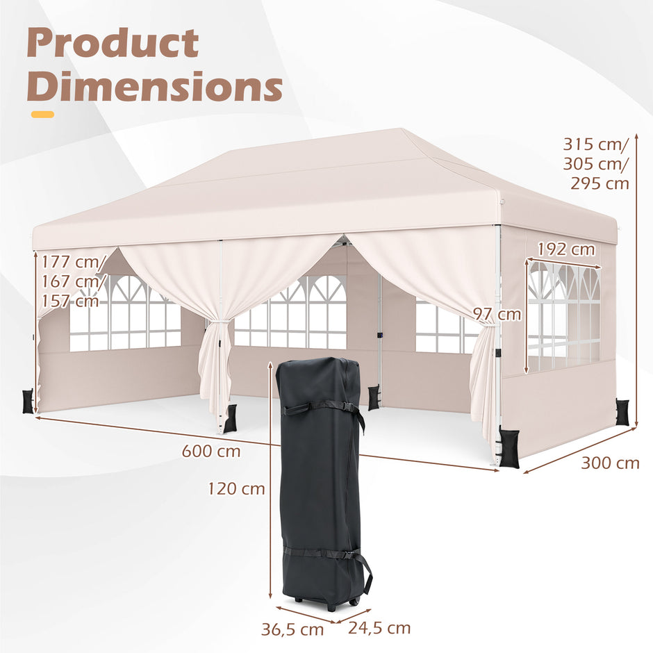Hopfällbar – paviljong med fyra sidoväggar höjdläsbar pop up – 3 x 6 m – Beige