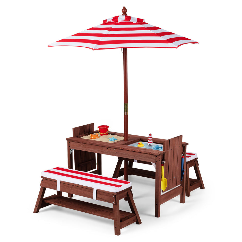 Barnmöbelset – i trä med solparaply, barnpicknickbord bänkar och avtagbara sittkuddar – 2