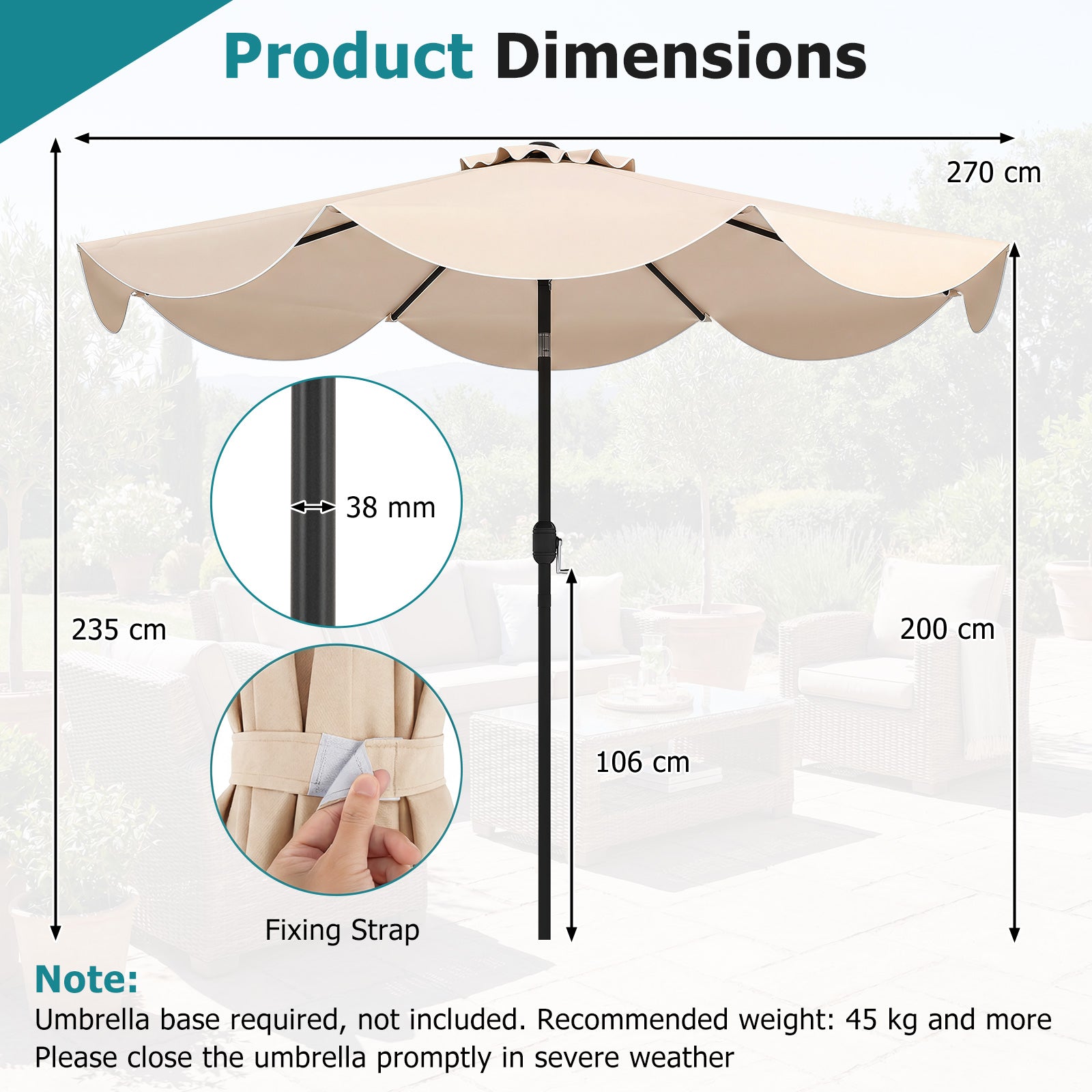 Solparasoll – trädgårdsparassoll med vev och lutningsfunktion balkongparasoll metallribbor – 270 cm 8 – Beige