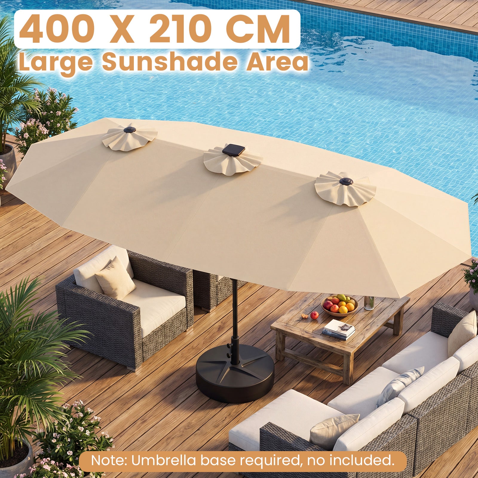 Dubbelsolparasoll – med LED belysning rektangulärt trädgårdsparassoll – 400 x 210 cm – Beige