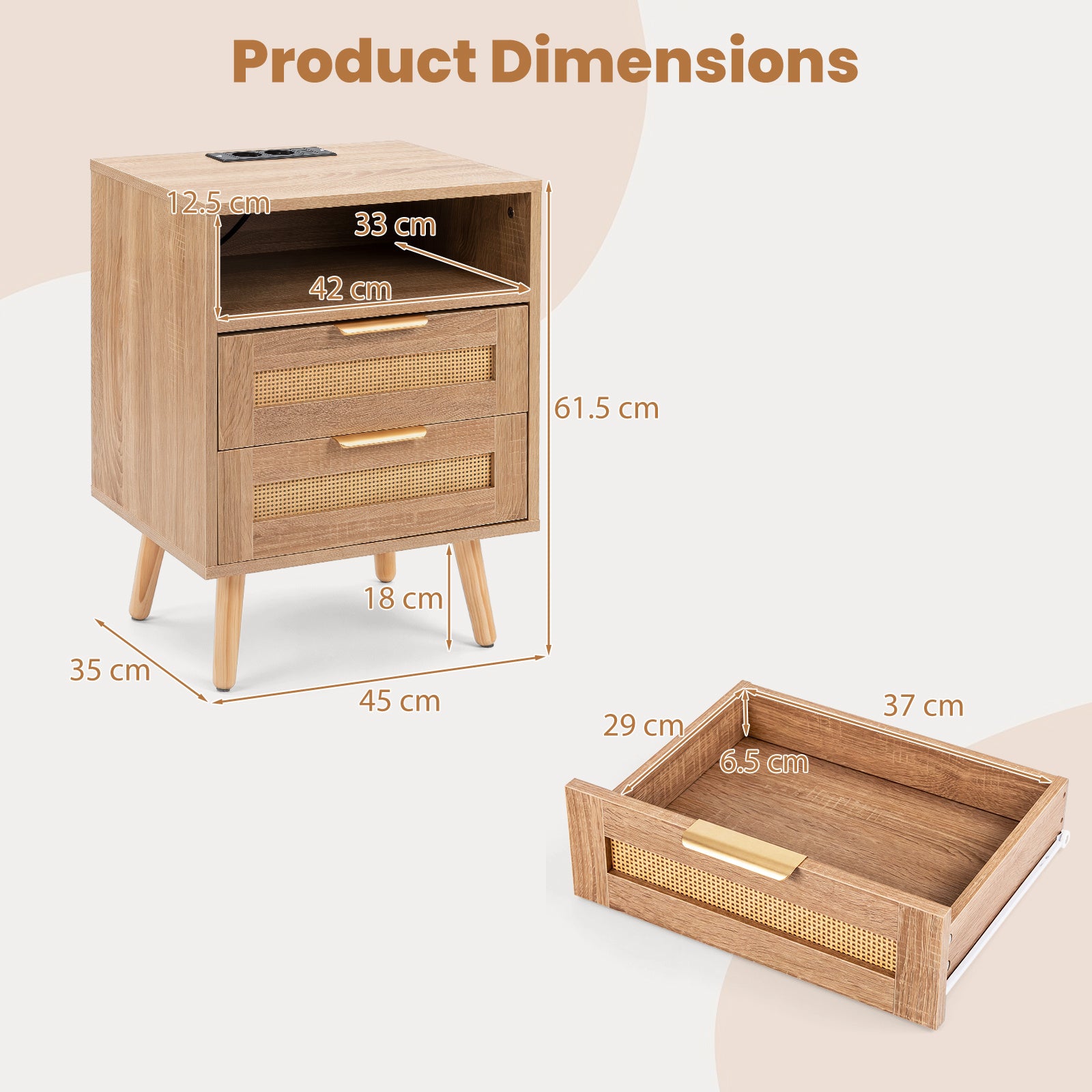 Nattbord – med laddstation och LED ljus, lådor, sidobord rattanutseende – 2