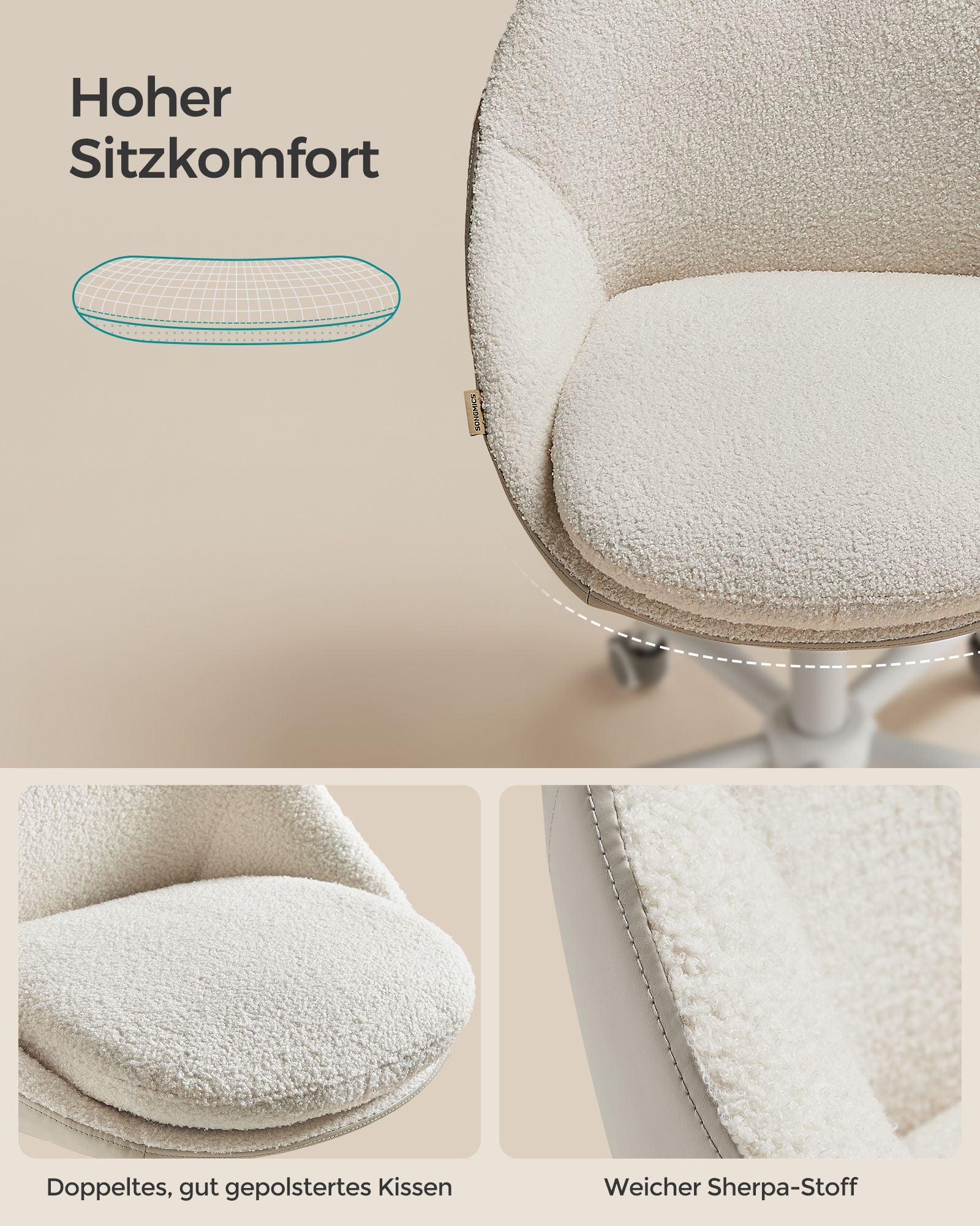 Sammet kontorsstol, höjdjusterbar cappuccino beige moln vit