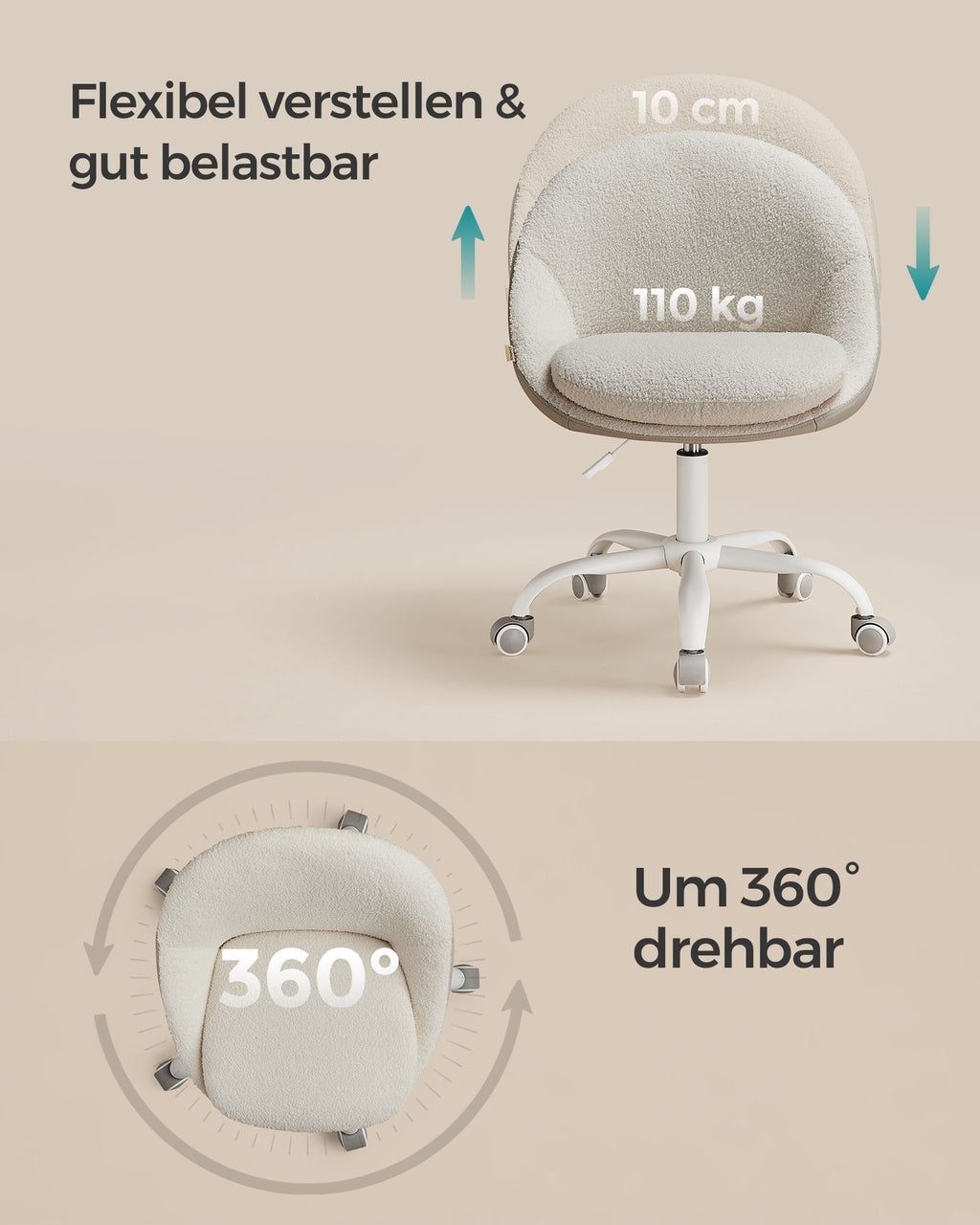 Sammet kontorsstol, höjdjusterbar cappuccino beige moln vit