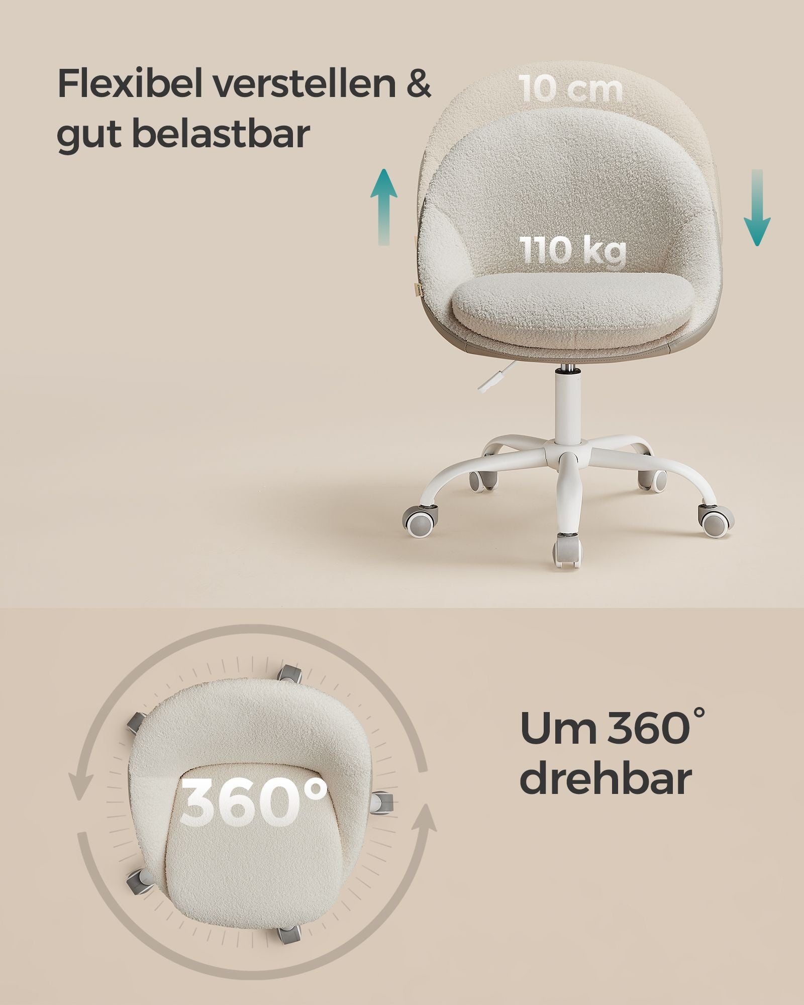 Sammet kontorsstol, höjdjusterbar cappuccino beige moln vit
