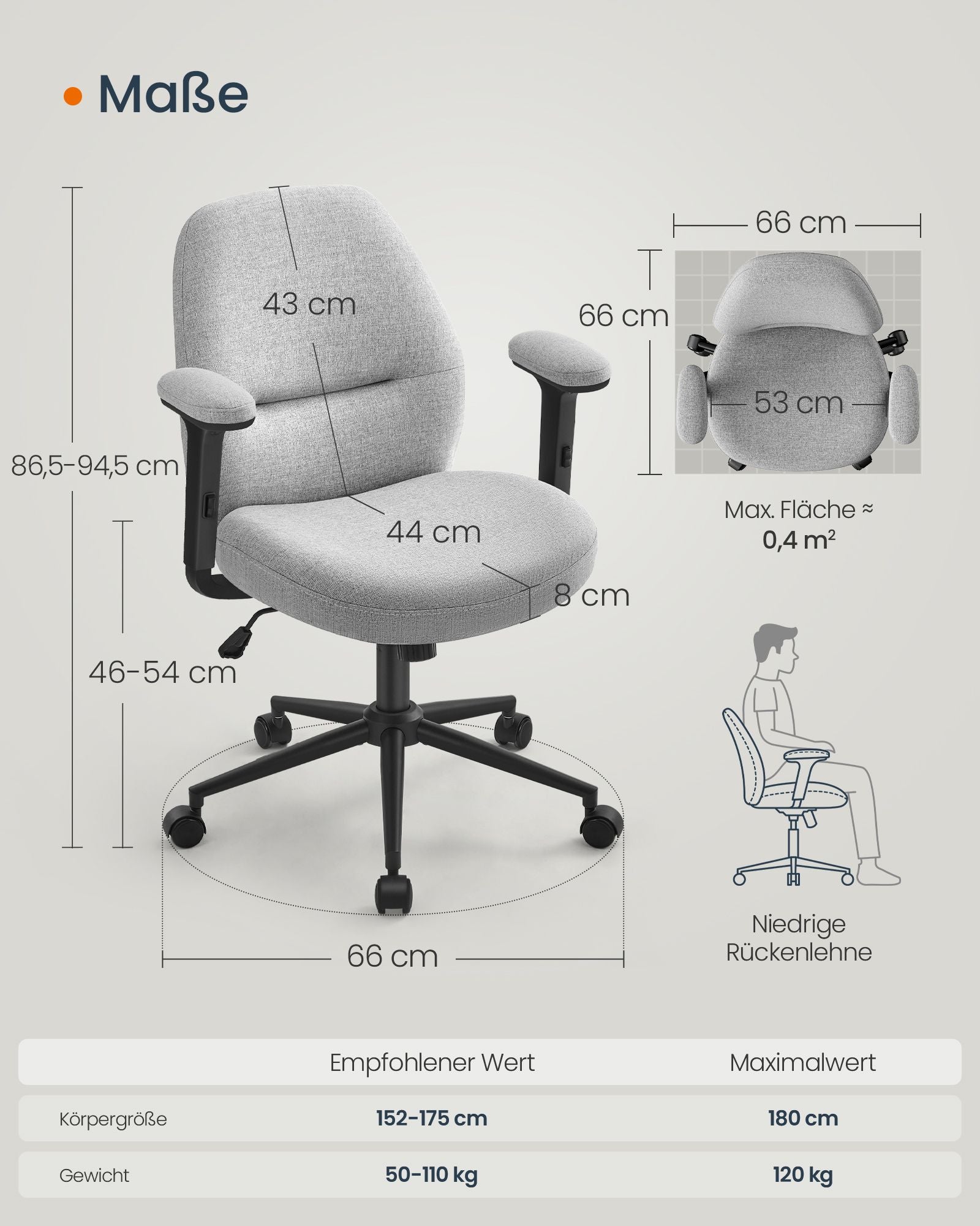 Kontorsstol – Justerbara armstöd – Dove grå