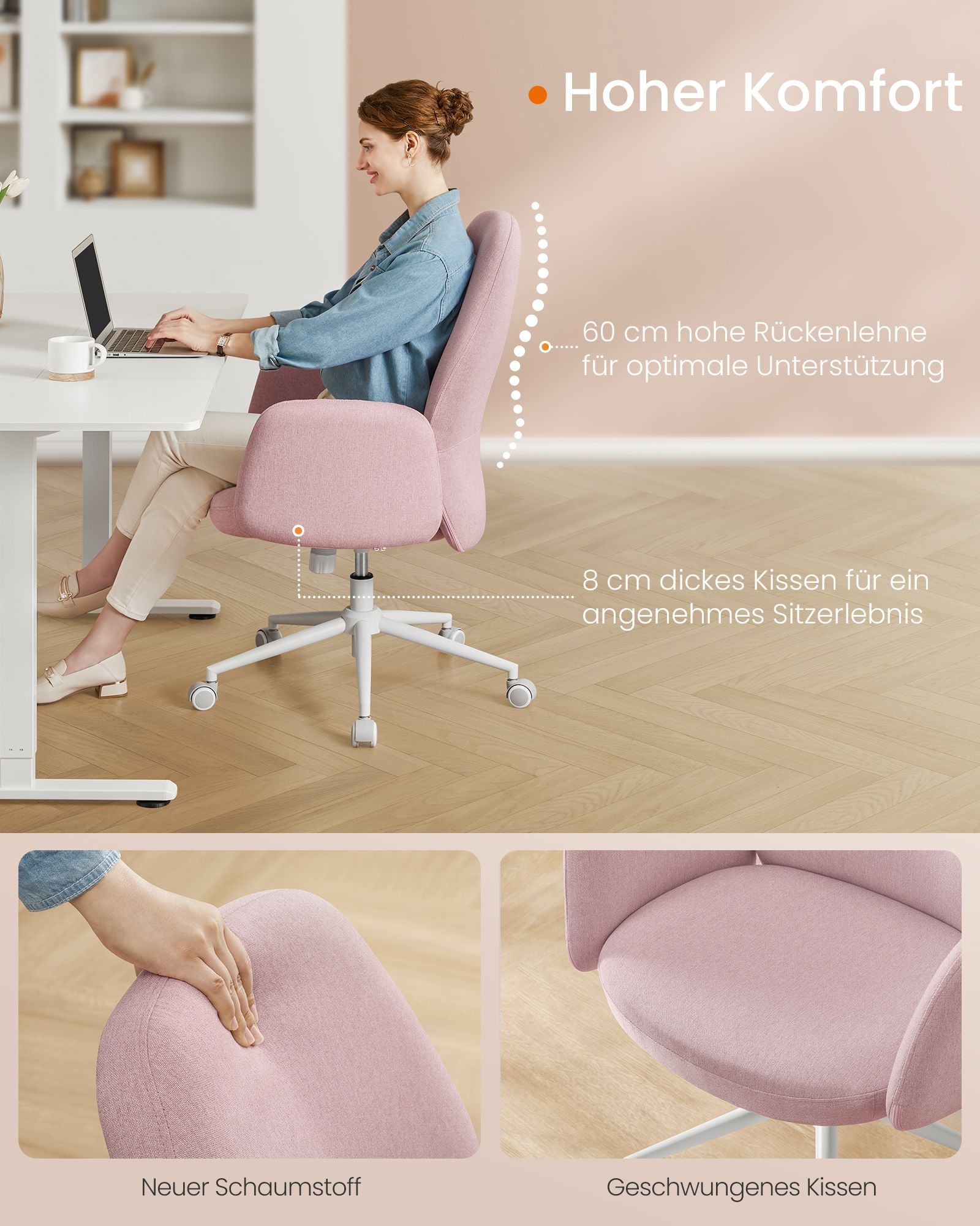Kontorsstol – Höjdjusterbar med armstöd – Pastellrosa