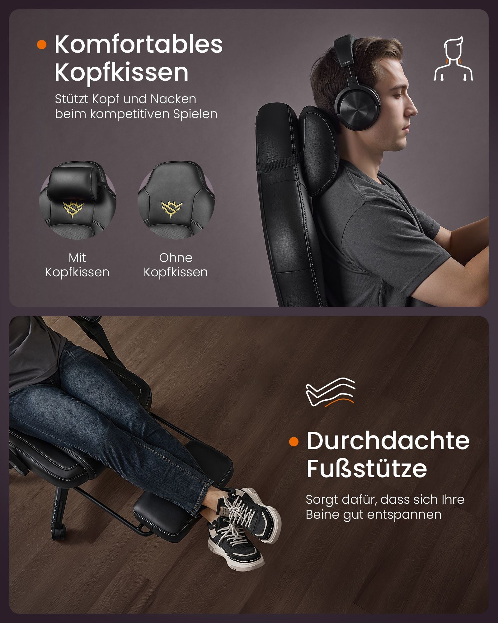 Höjdjusterbar gamingstol med fotstöd – bläcksvart