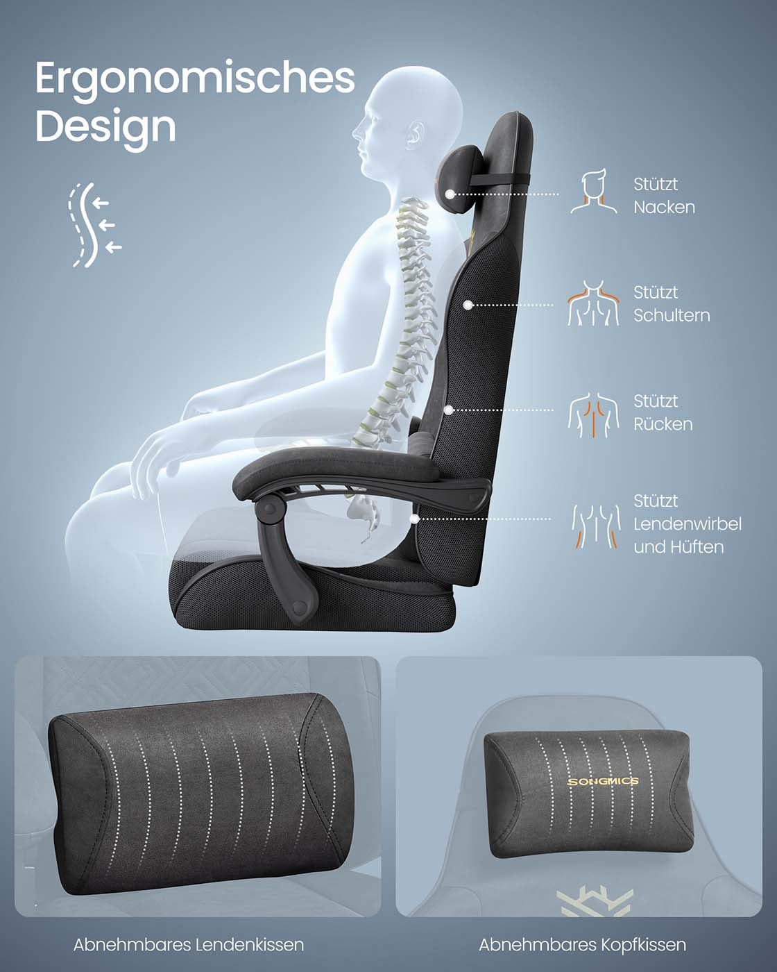Spelstol – Ergonomisk – Med fotpall och fjäderkudde – Svart