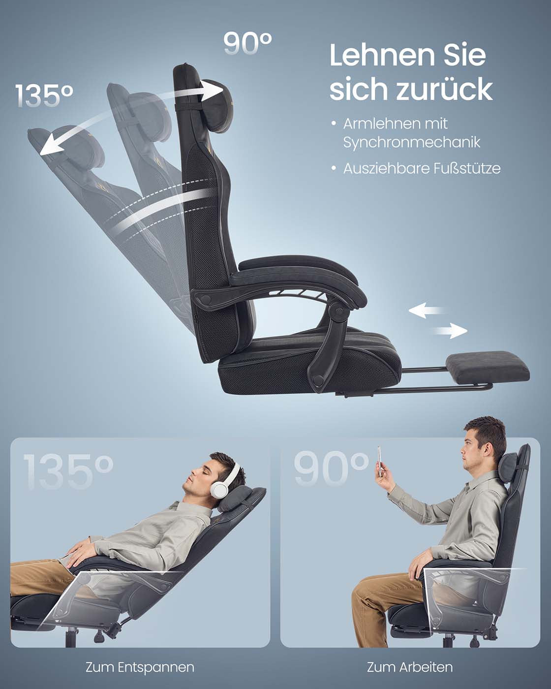 Spelstol – Ergonomisk – Med fotpall och fjäderkudde – Svart