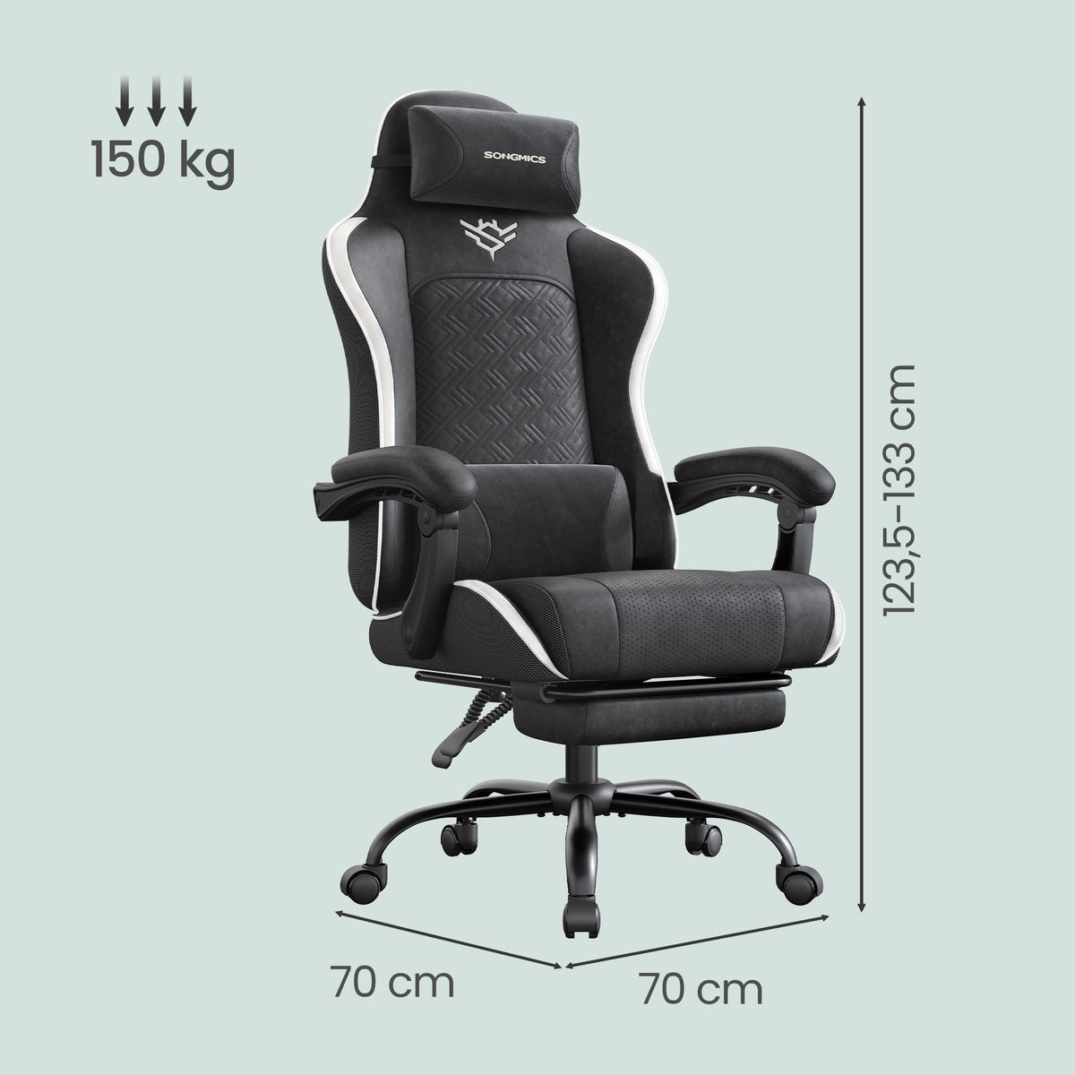 Gamingstoel – Ergonomisch – Pocketvering Zitkussen – Uitschuifbare Voetensteun – Tot 150 kg – Zwart en Wit