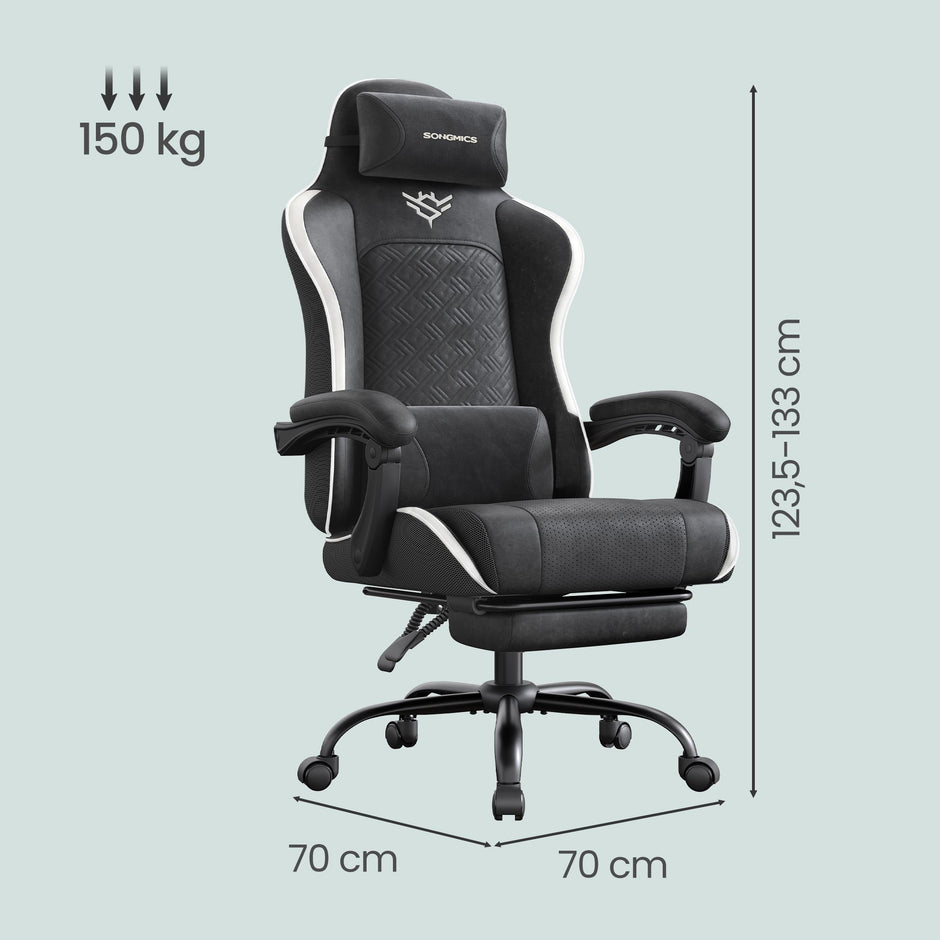 Gamingstoel – Ergonomisch – Pocketvering Zitkussen – Uitschuifbare Voetensteun – Tot 150 kg – Zwart en Wit