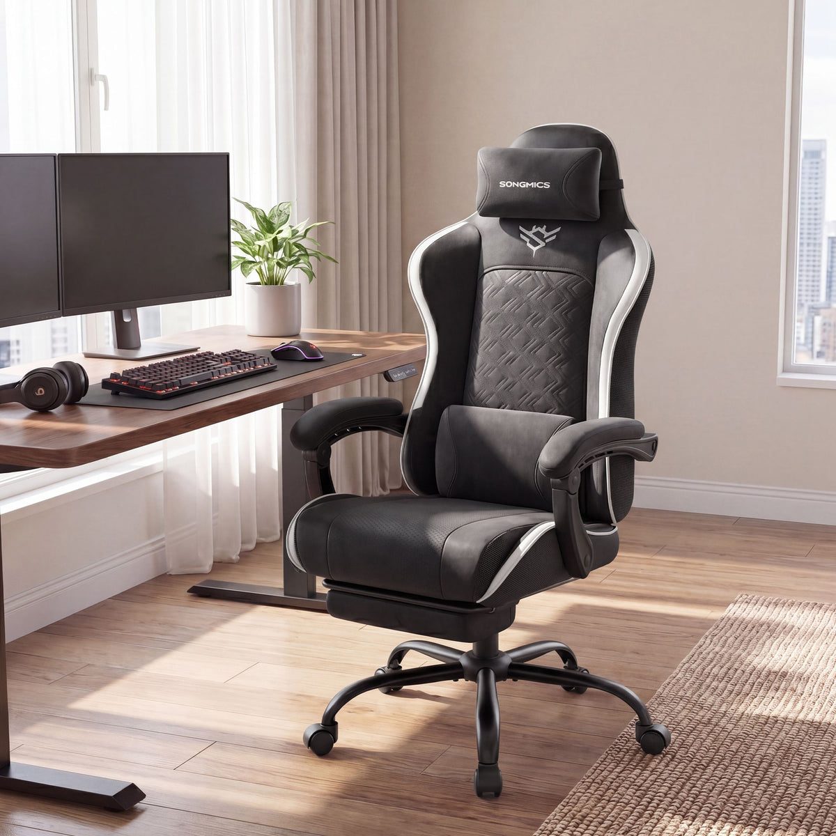 Gamingstoel – Ergonomisch – Pocketvering Zitkussen – Uitschuifbare Voetensteun – Tot 150 kg – Zwart en Wit