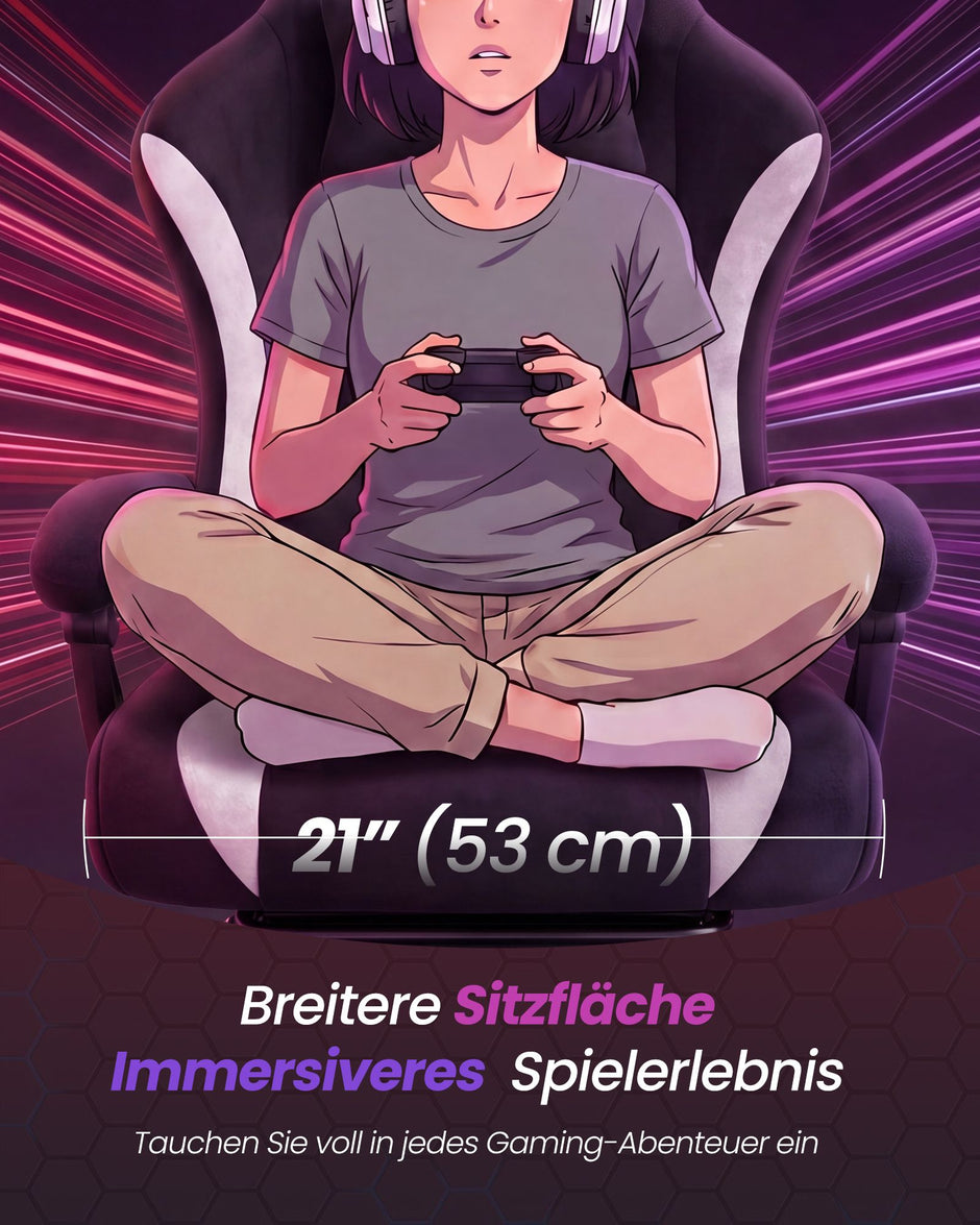 Gamingstoel – Imitatiesuède – Voetensteun en Lendekussen – 135° Kantelbaar – Tot 150 kg – Inktzwart en Wolkenwit