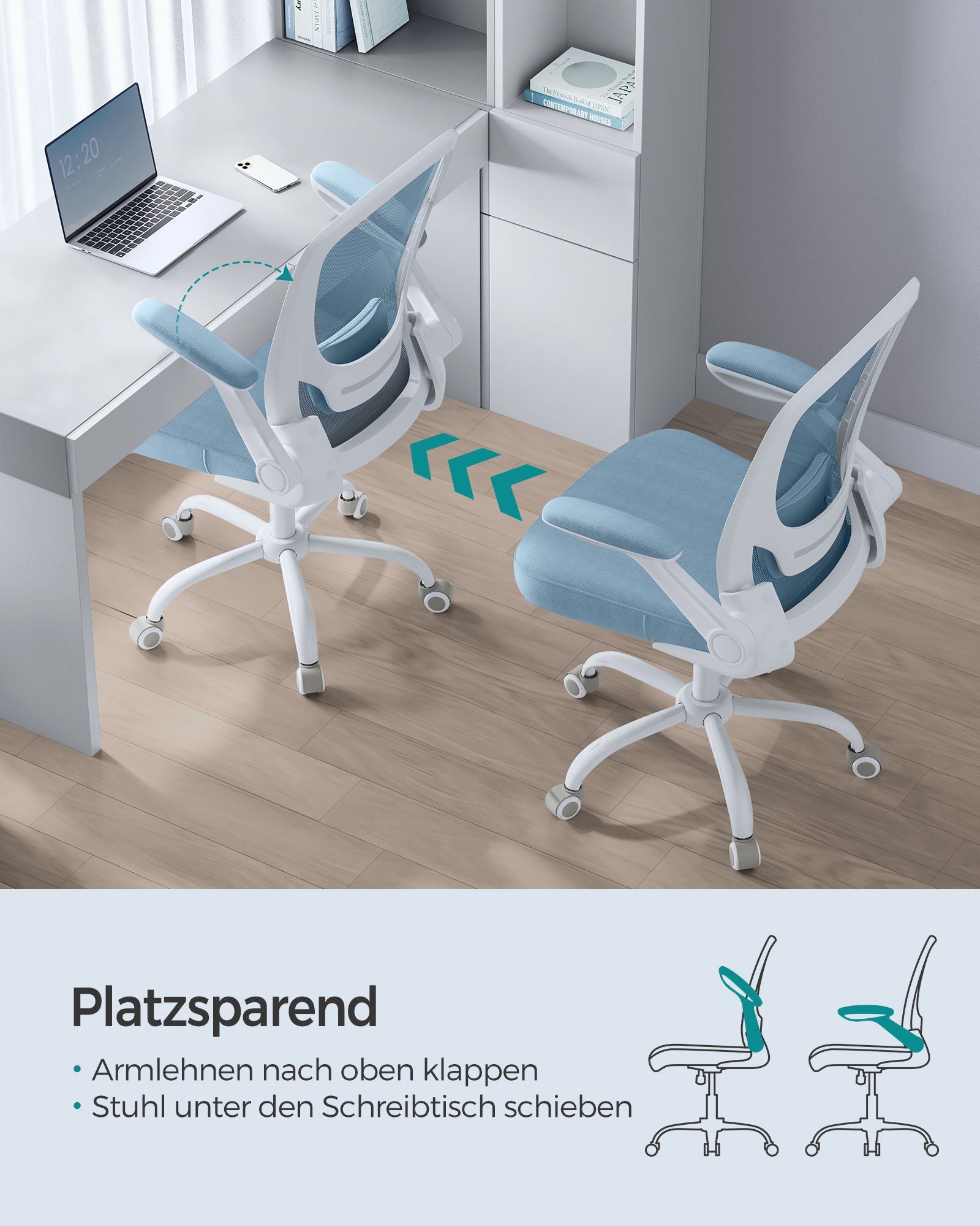 Kontorsstol - Ergonomisk - med fällbara armstöd - dimma blått