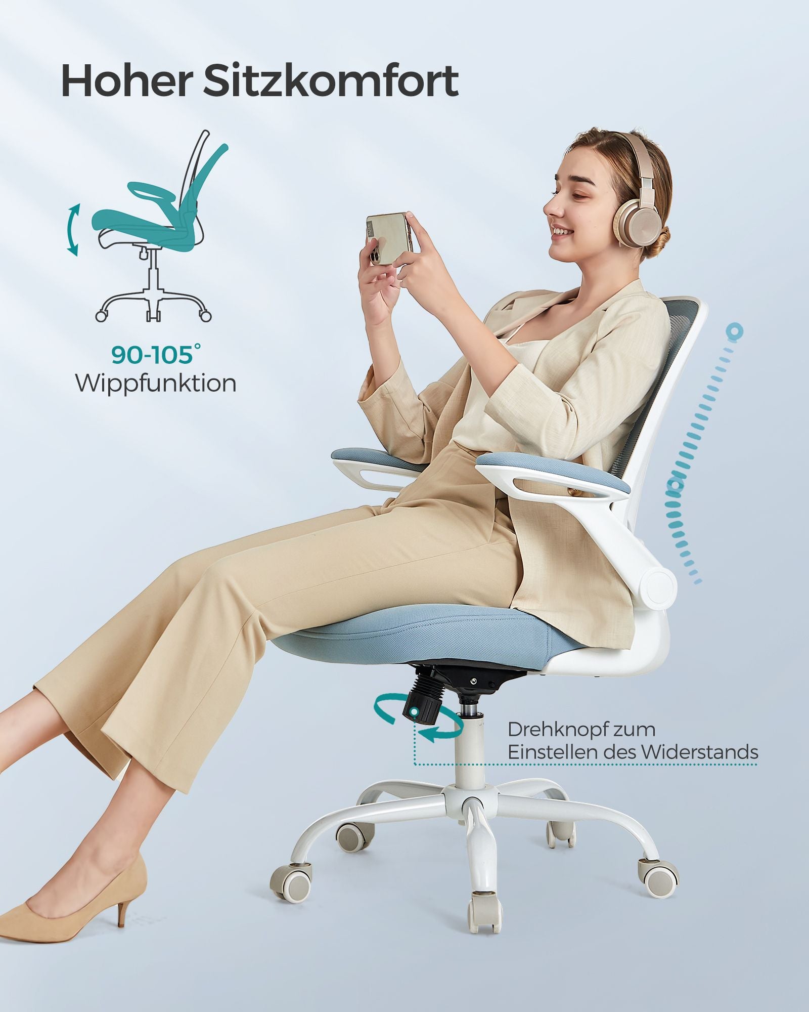 Kontorsstol – ergonomisk med fällbara armstöd – dimmblå