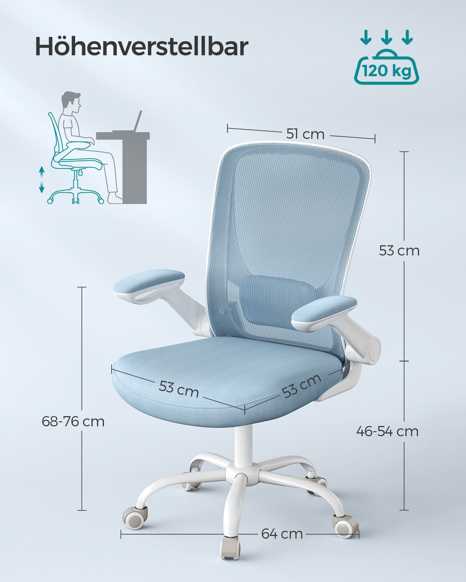 Kontorsstol - Ergonomisk - med fällbara armstöd - dimma blått