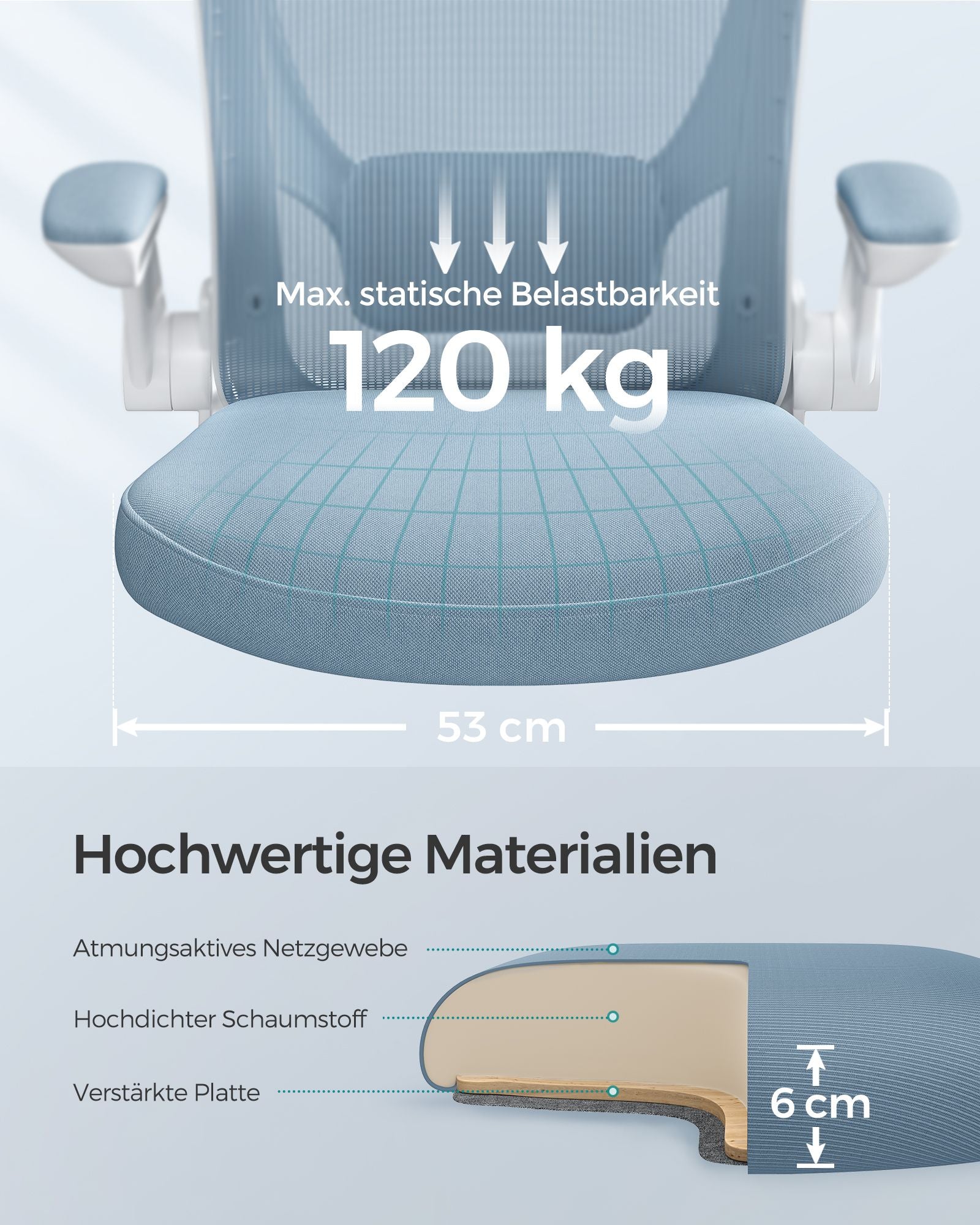 Kontorsstol - Ergonomisk - med fällbara armstöd - dimma blått