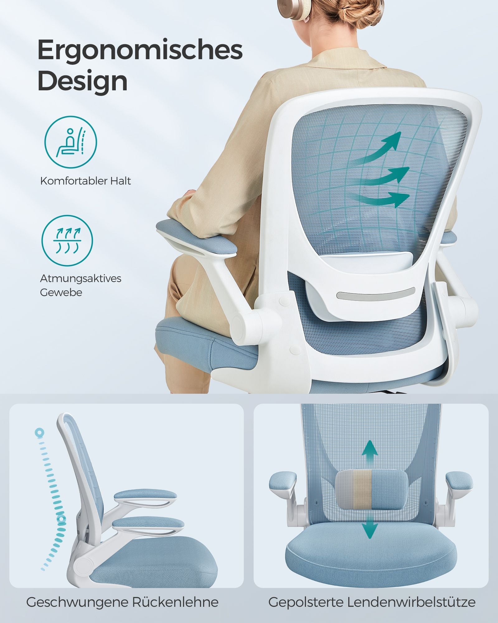 Kontorsstol - Ergonomisk - med fällbara armstöd - dimma blått