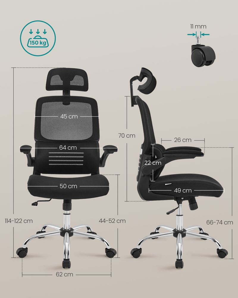 Kontorsstol – Ergonomisk med justerbart nackstöd – Svart