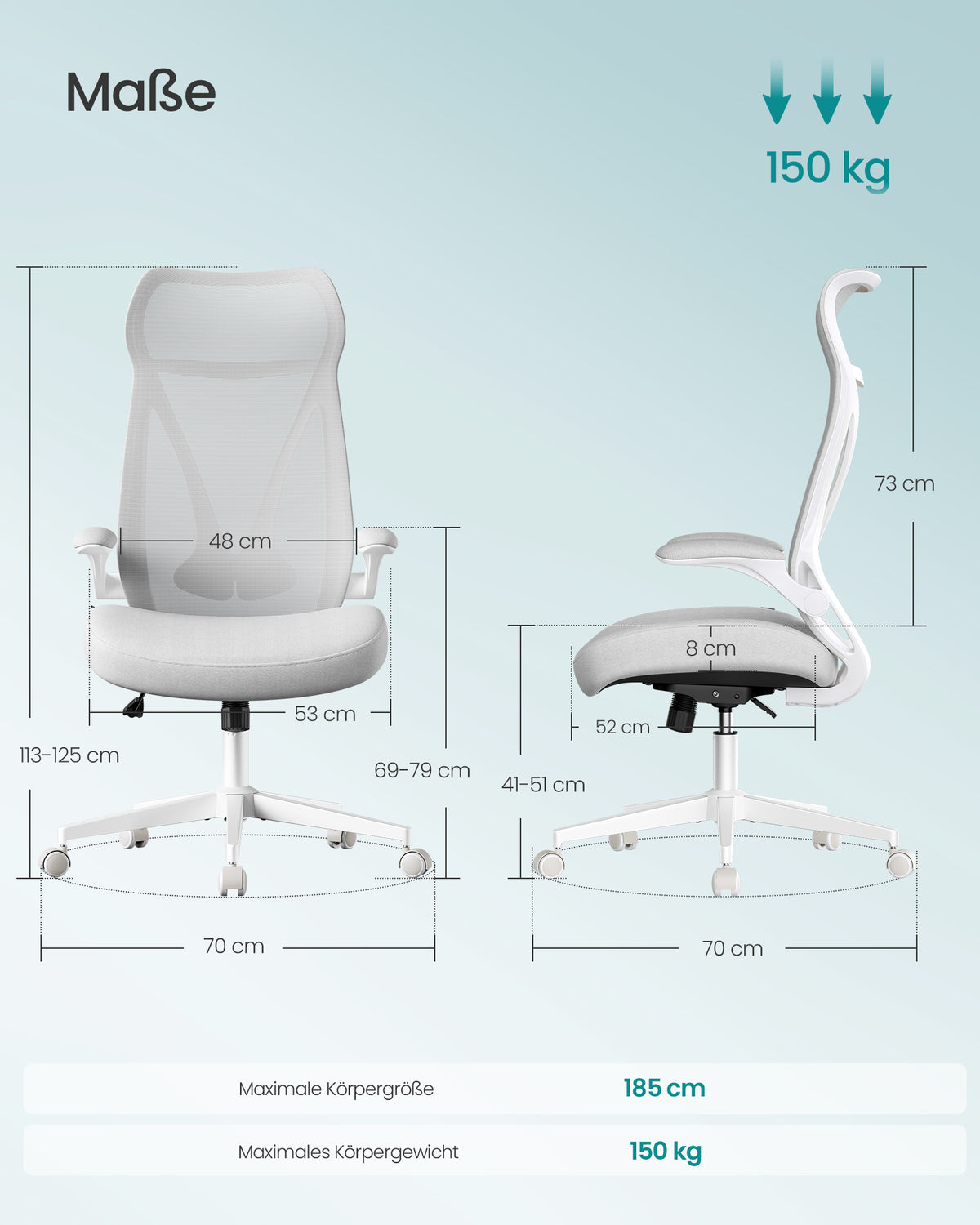 Bureaustoel – Ergonomische Rugleuning met Hoofdsteun – Opklapbare Armleuningen – Tot 150 kg – Duifgrijs