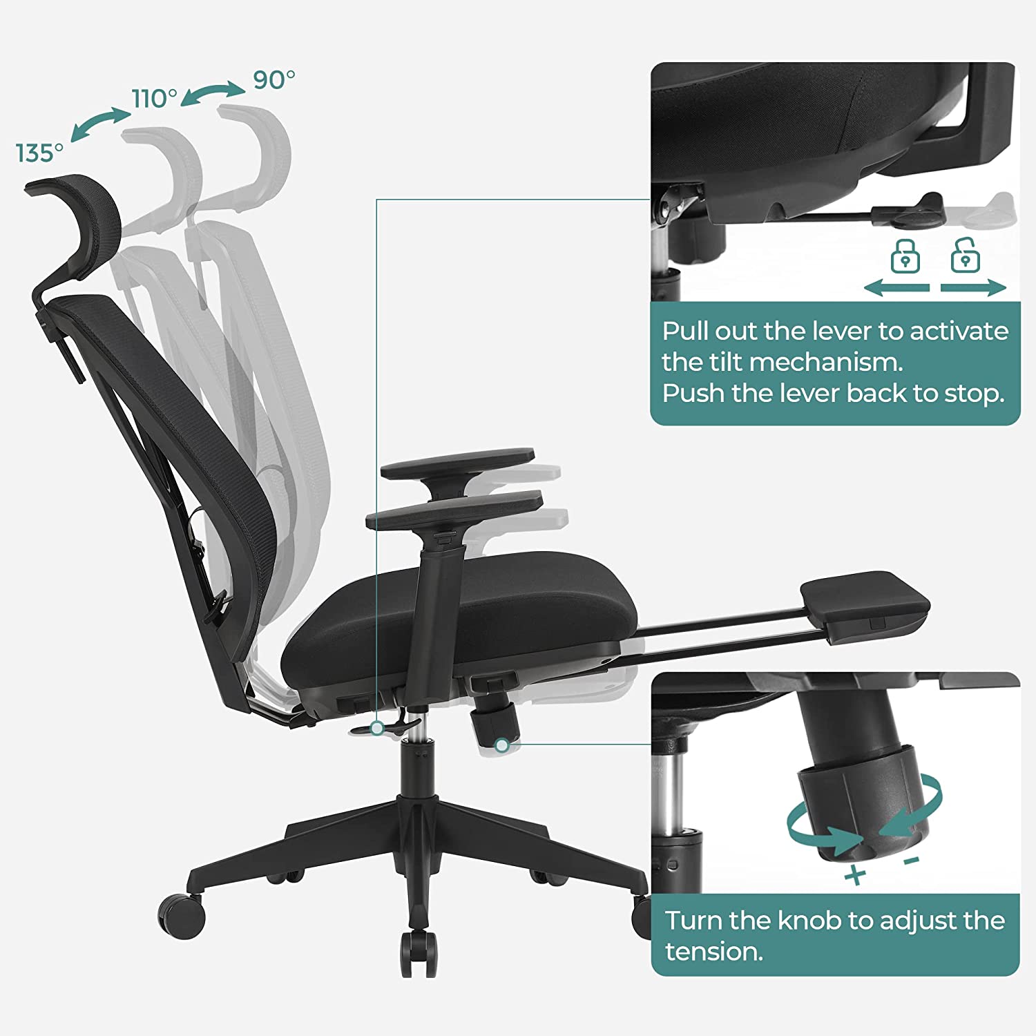 Kontorsstol – Ergonomisk med fotstöd – Svart