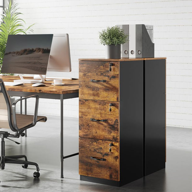 Arkivskåp – 3 låsbara lådor – Trä – Vintage brun-svart