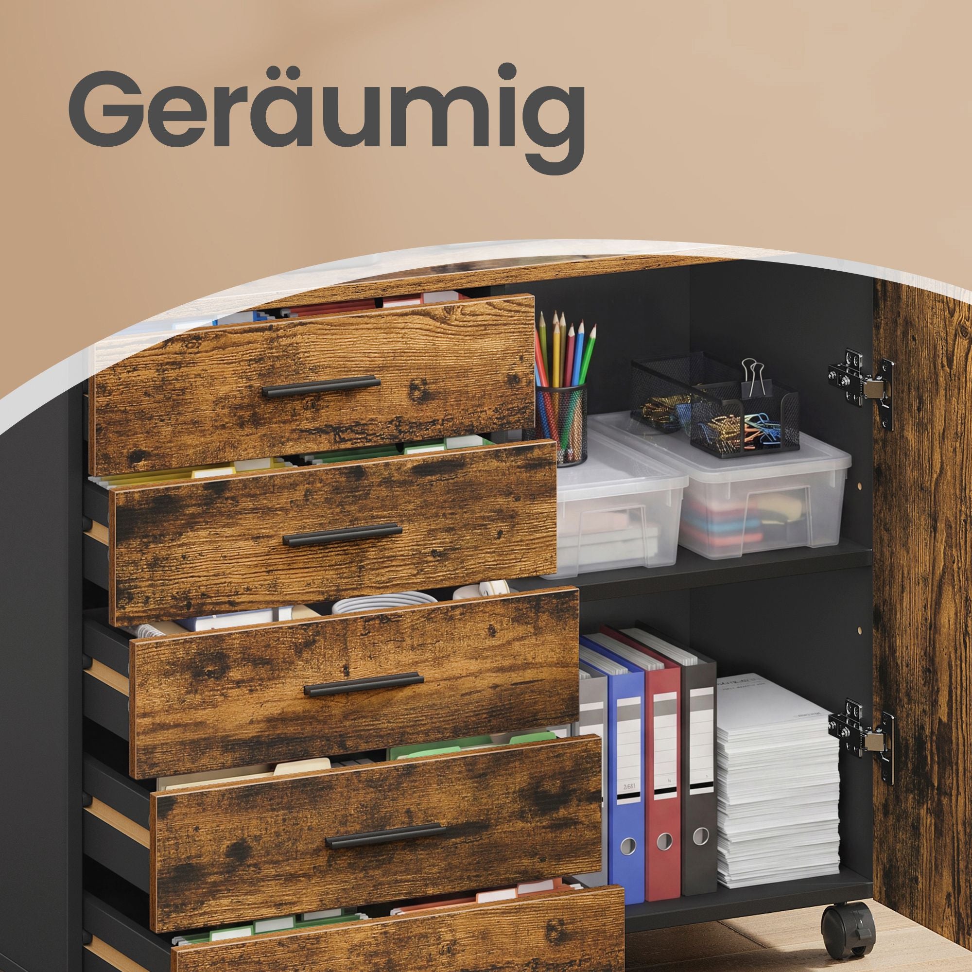 Rolcontainer - 5 Lades - Met Deur - Printerstandaard - Bruin