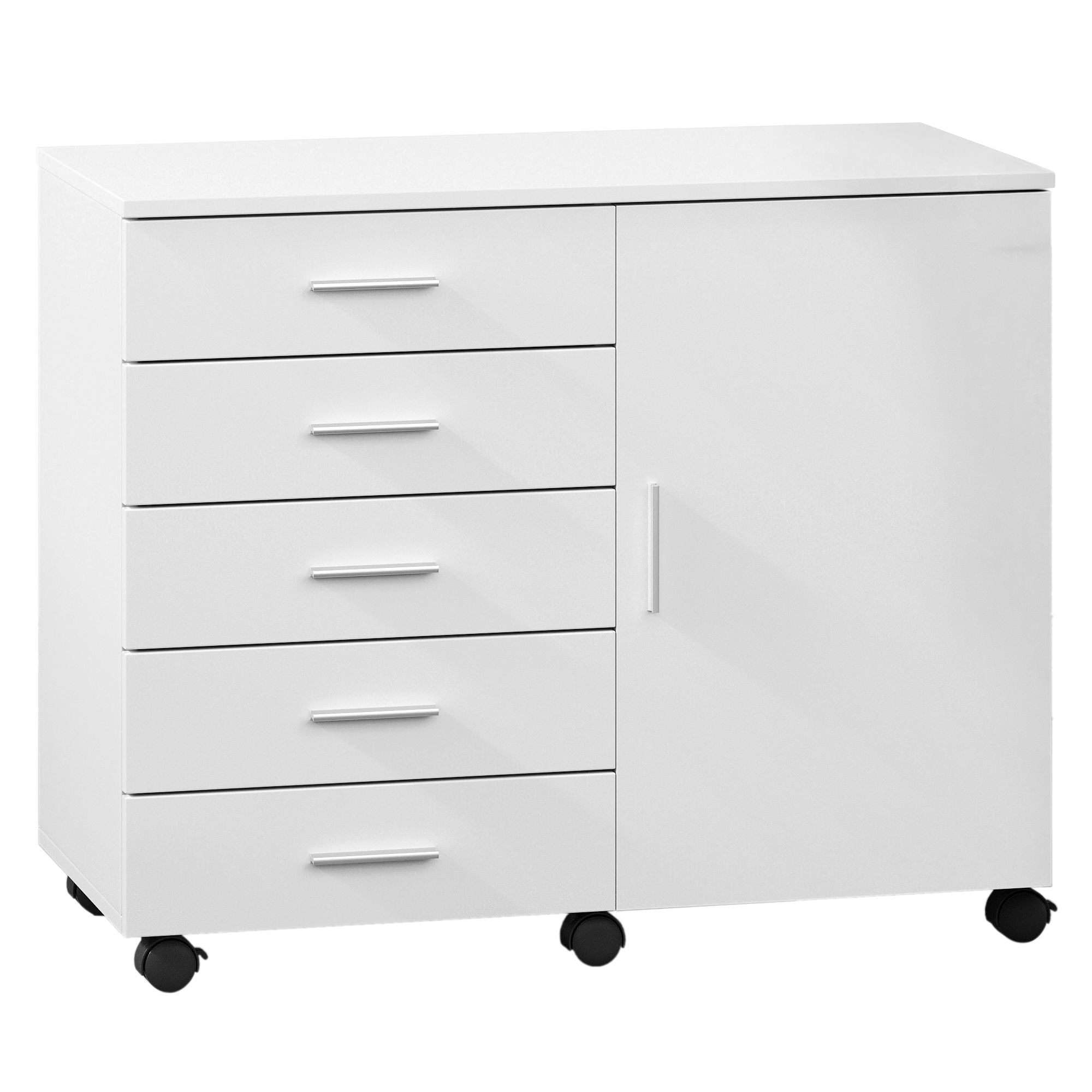 Rolcontainer - 5 Lades - Met Deur - Printerstandaard - Wit