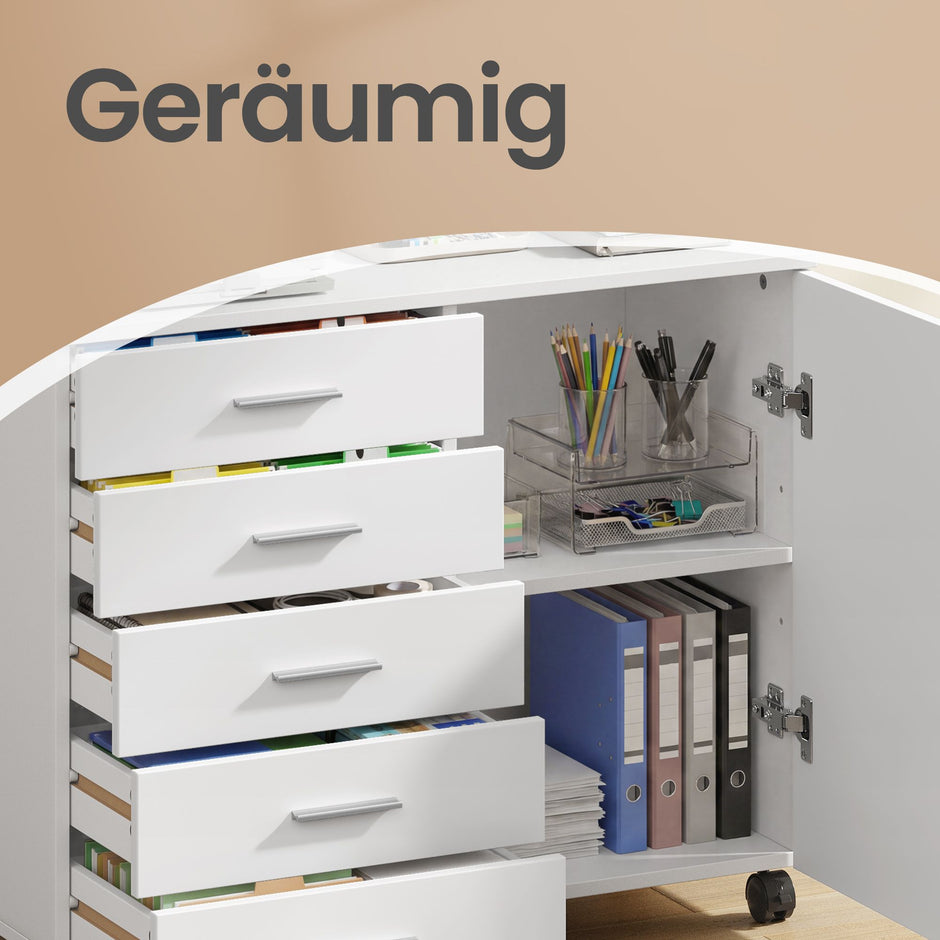 Rolcontainer - 5 Lades - Met Deur - Printerstandaard - Wit