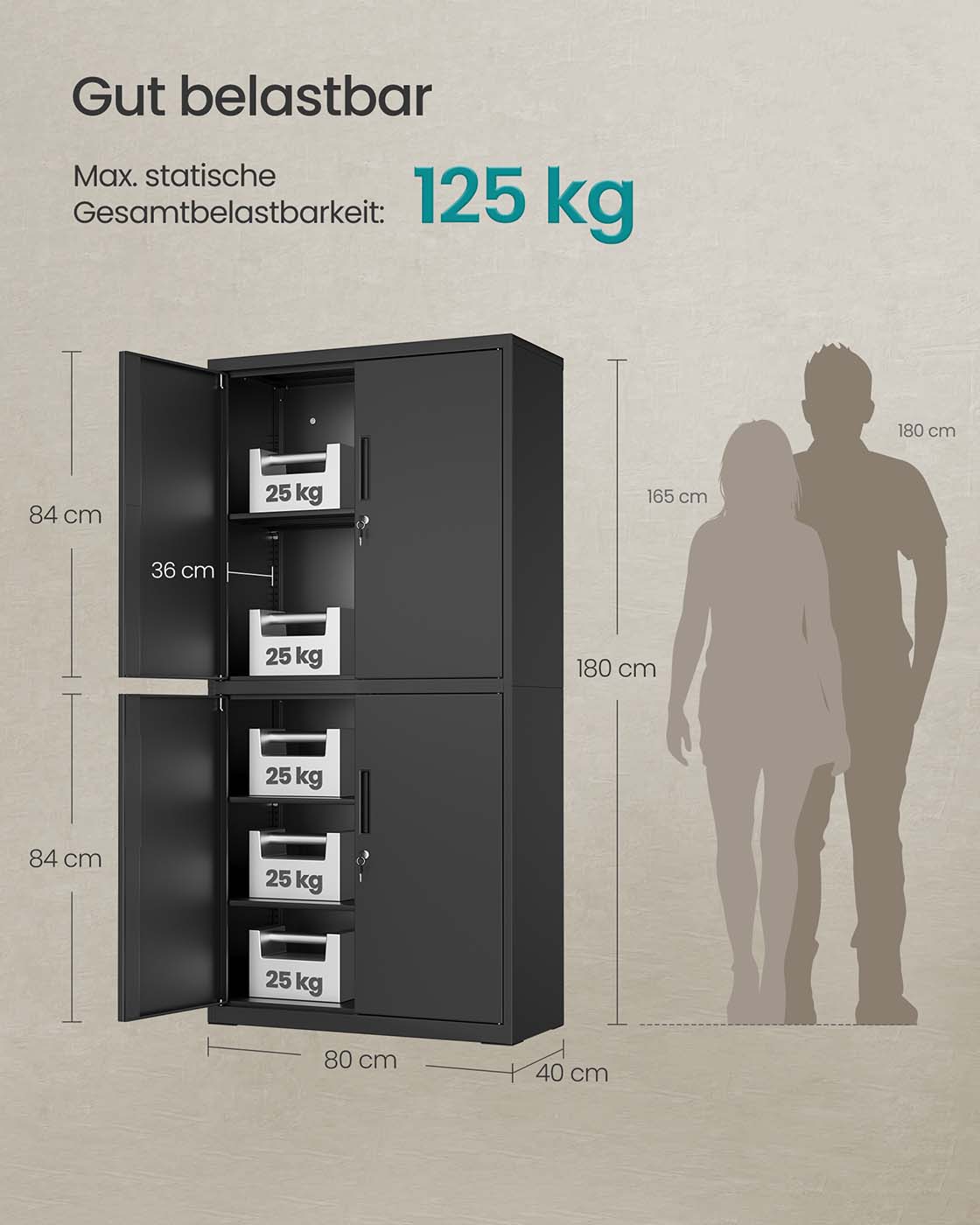 Arkivskåp – 4 dörrar och 5 nivåer – Stål – Mattsvart