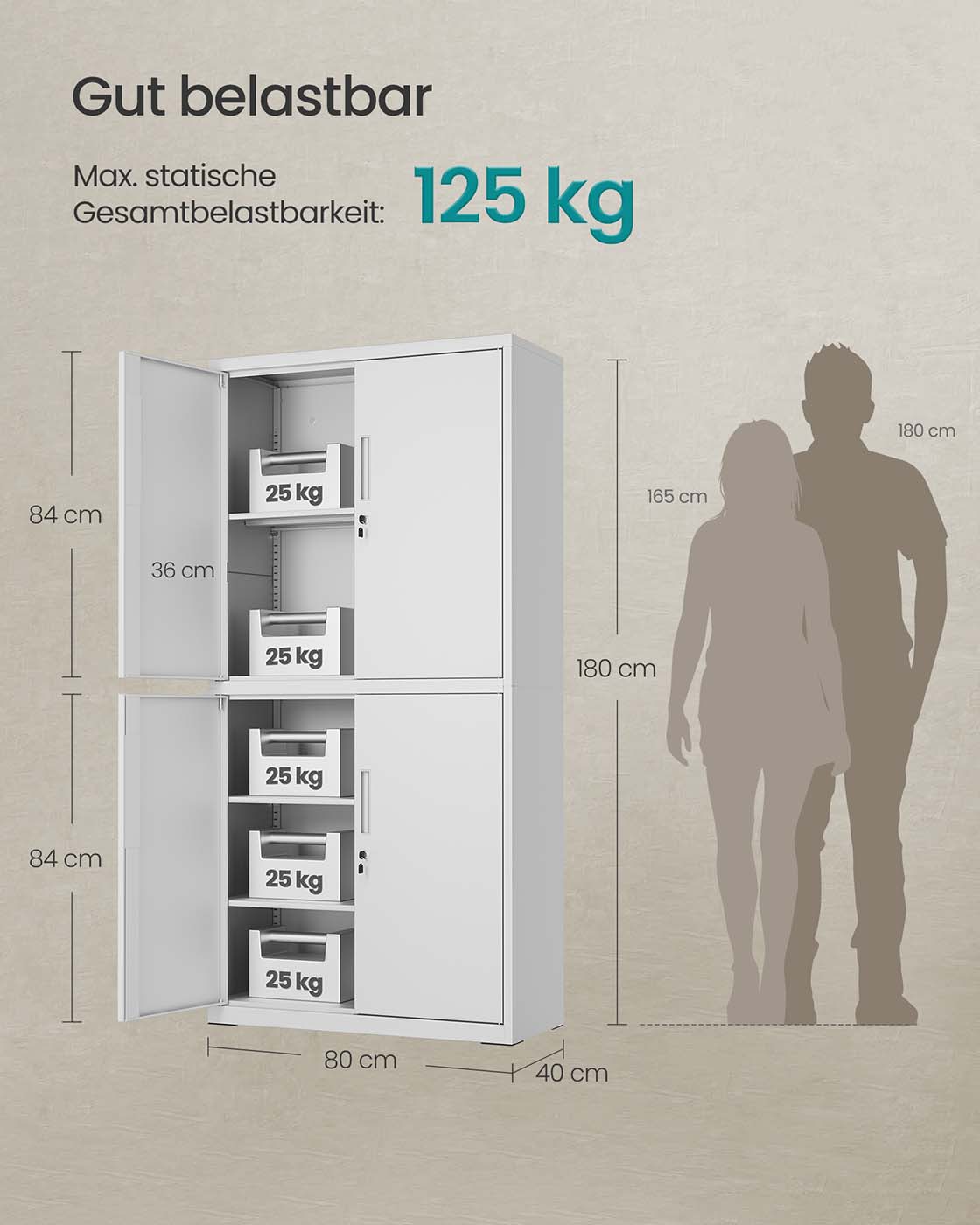 Arkivskåp med 4 dörrar och 5 nivåer 40 x 80 x 180 cm matgrå
