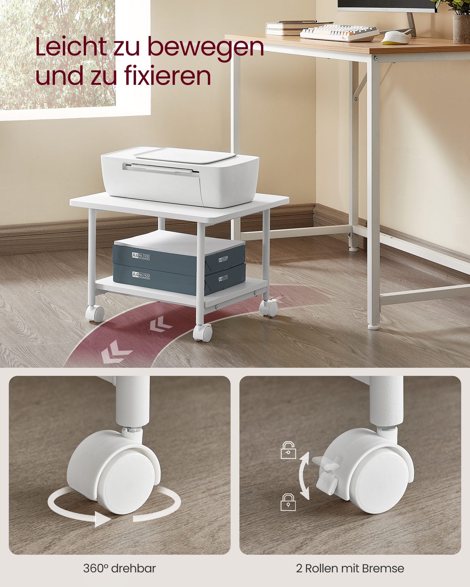 Printertafel - 48 x 40 x 34 cm - met wielen - 2 niveaus - wit - maximaal draagvermogen tafelblad 45 kg - maximaal draagvermogen onderste plank 15 kg