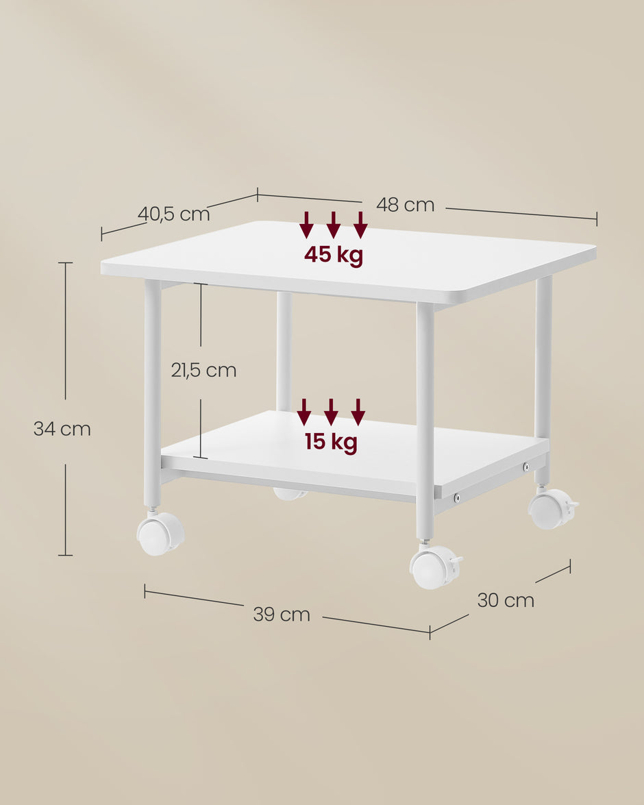 Printertafel - 48 x 40 x 34 cm - met wielen - 2 niveaus - wit - maximaal draagvermogen tafelblad 45 kg - maximaal draagvermogen onderste plank 15 kg