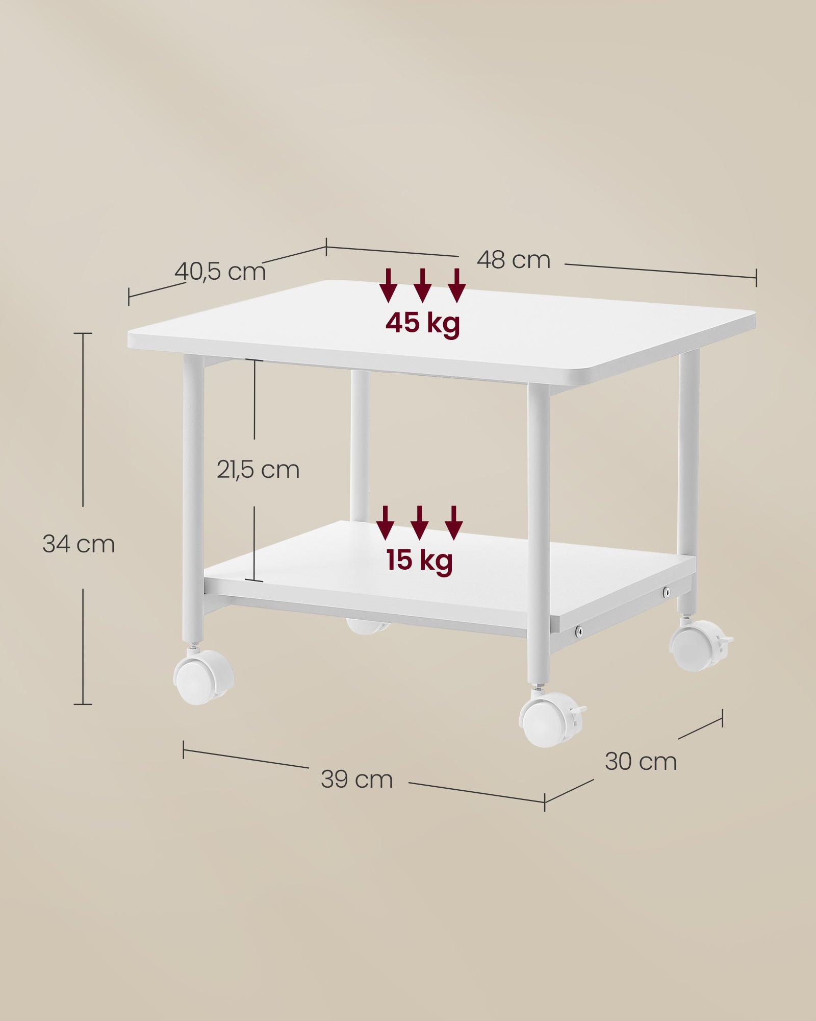 Printertafel - Op Wielen - 2 Niveaus - Wit